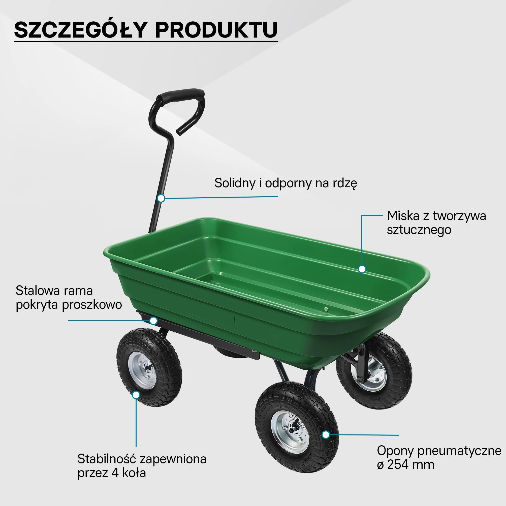 Wiltec Wózek ogrodowy z funkcją pochylenia do 240 kg nośności, wanna plastikowa o pojemności 75 l, wywrotka transportowa na 4 kołach