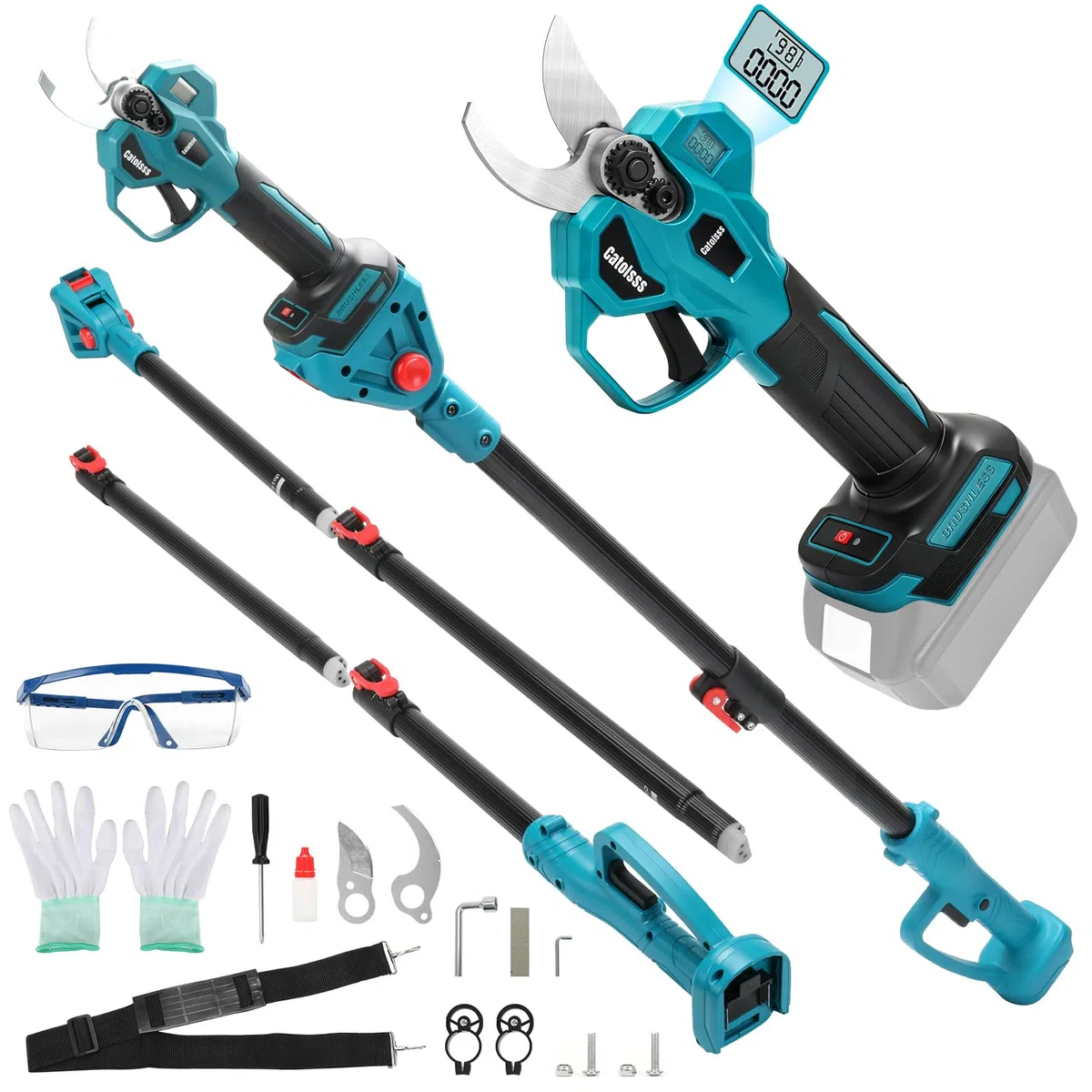 Akumulatorowe nożyce do gałęzi kompatybilne z akumulatorem Makita 18 V, otwór 32 mm, maks. 45 mm średnicy cięcia, z drążkiem przedłużającym 2 m, cyfrowym wyświetlaczem LCD, do przycinania drzew i