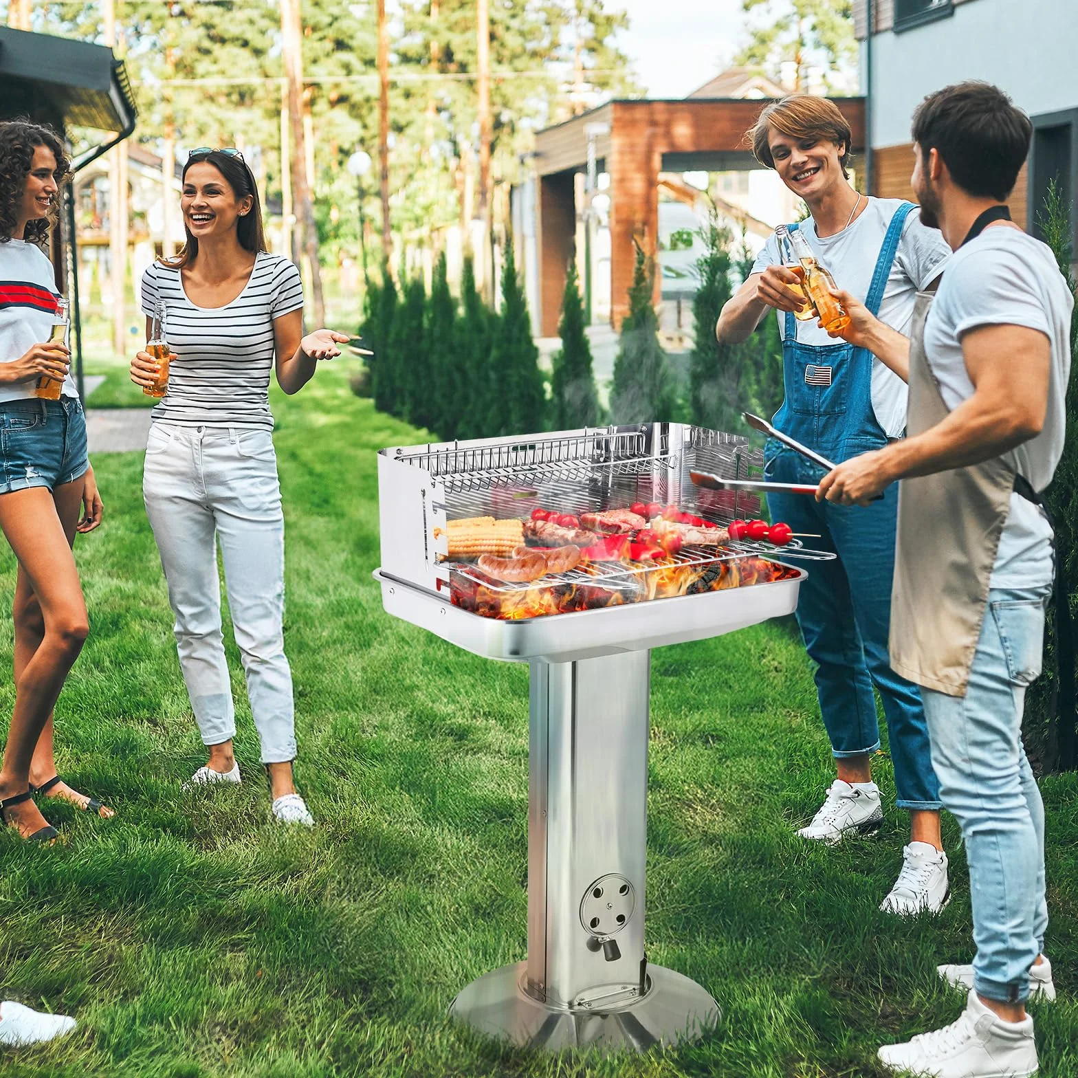 TLGREEN Grill na węgiel drzewny, stal nierdzewna, 57 x 38 x 90 cm, wysokiej jakości grill ze stali nierdzewnej z 5-stopniową regulacją wysokości, chromowanym rusztem do grillowania, pojemnikiem na