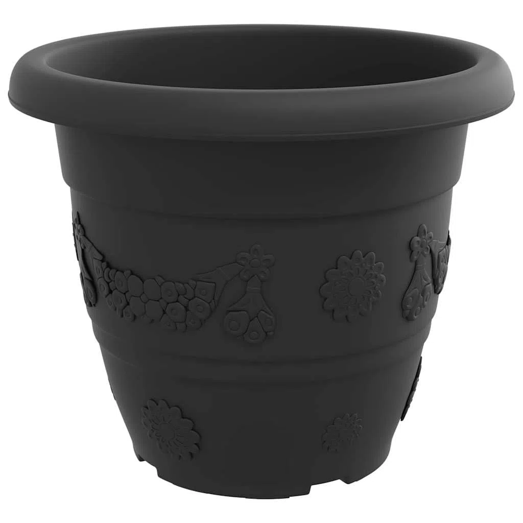 Okrągły wazon na kwiaty 24 szt. Czarny Plastik 39 x 32 cm | Rolowana krawędź, dolne otwory drenażowe, lekkie, łatwe do czyszczenia, do użytku wewnątrz i na zewnątrz