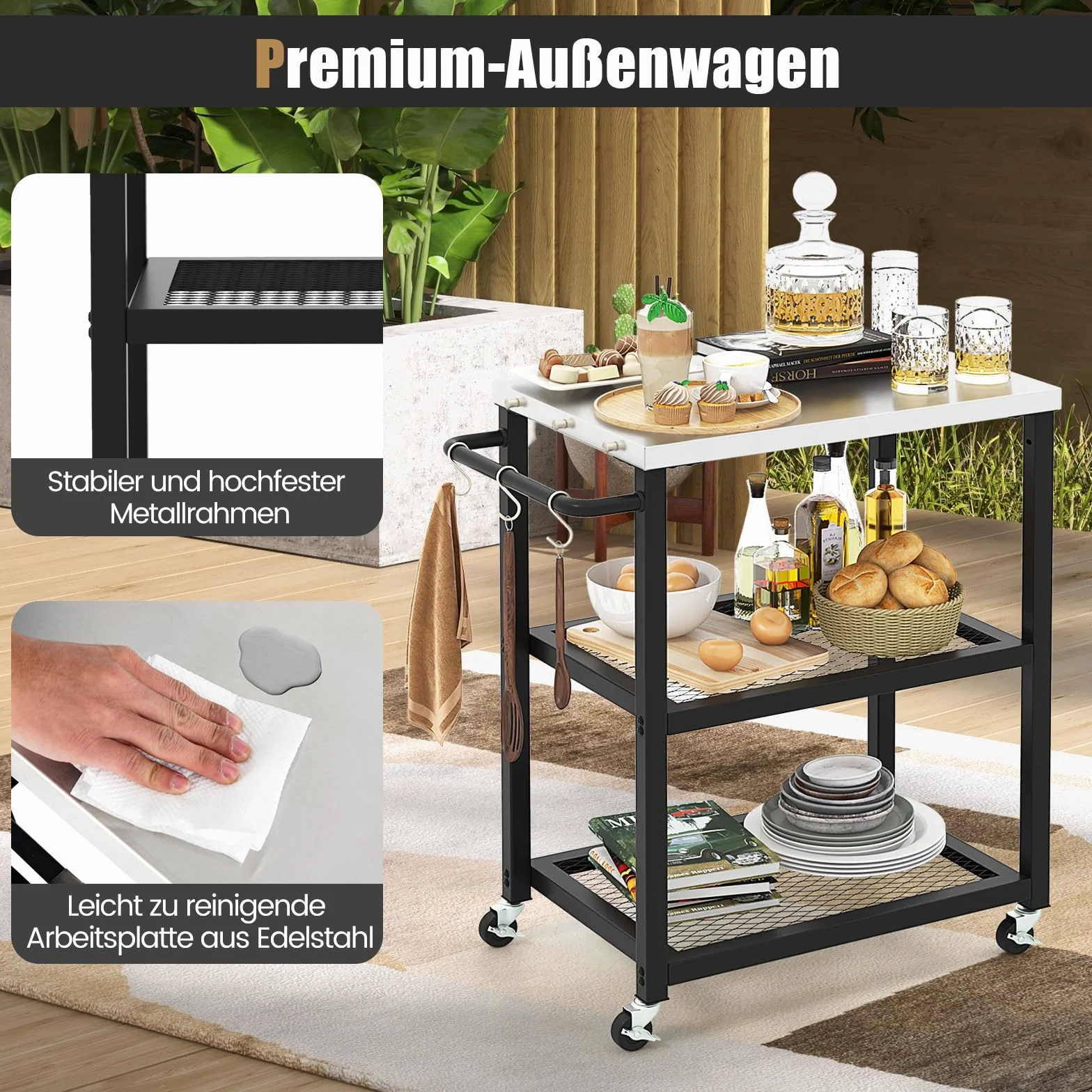 COSTWAY Grill na kółkach stół do grillowania z 3 półkami 4 kółkami