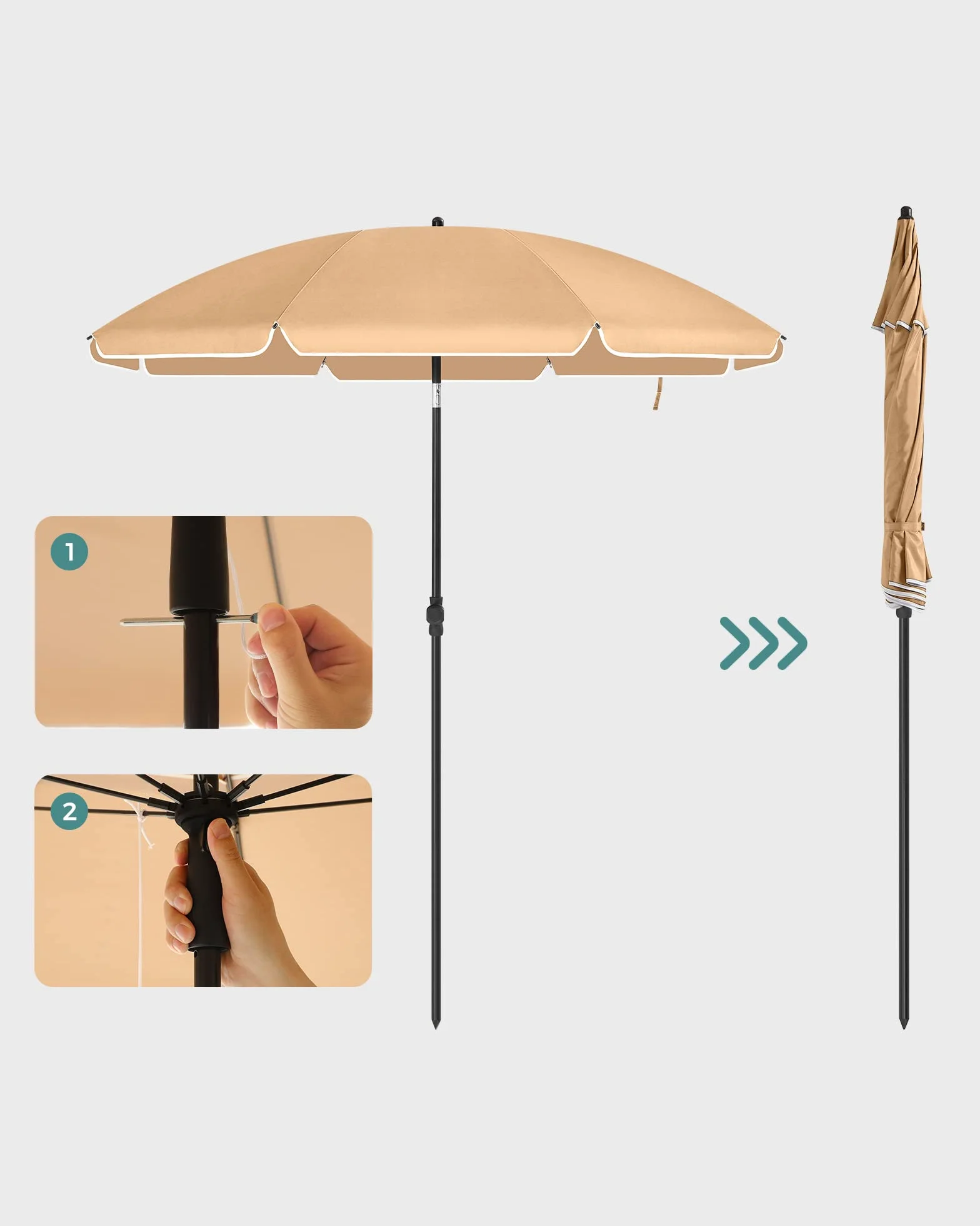 SONGMICS Parasol plażowy, Ø 160 cm, parasol ogrodowy, ochrona UV do UPF 50+, składany, ochrona przeciwsłoneczna, przenośny, żebra parasola wykonane z włókna szklanego, ciemnoszary GPU60BR