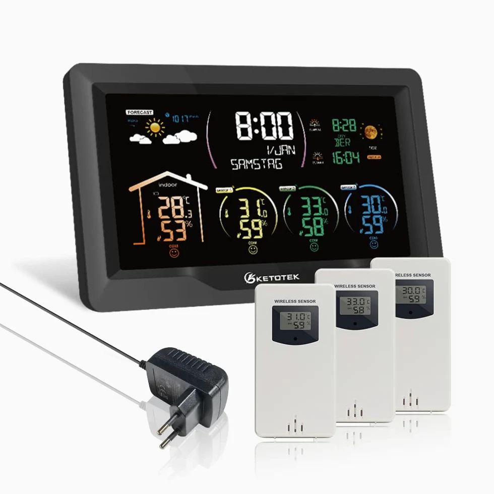KETOTEK Bezprzewodowa stacja pogodowa z 3 czujnikami zewnętrznymi, cyfrowy termometr VA LCD, higrometr, barometr z DCF, budzik, prognoza pogody, faza księżyca, wschód i zachód słońca