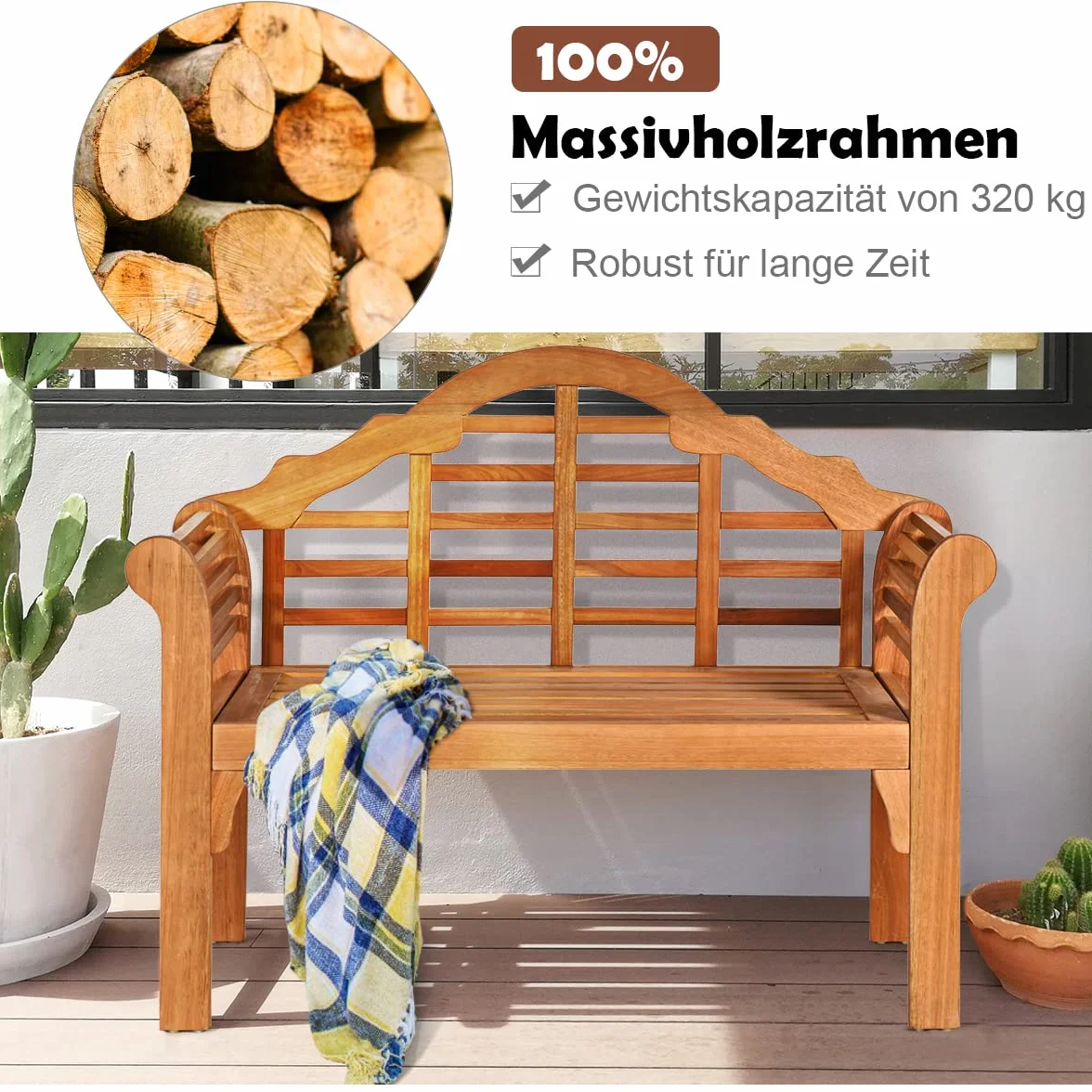 GOPLUS Ławka ogrodowa z drewna akacjowego, składana i odporna na warunki atmosferyczne ławka do siedzenia z podłokietnikami i oparciem, 2-osobowa drewniana ławka na balkon, taras i do ogrodu