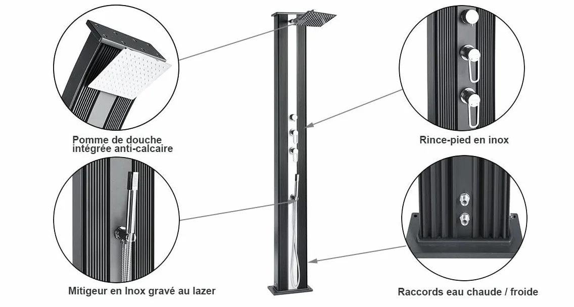 Formidra - Dada Straight 40L Hybrid Shower - DS-D463AX - Prysznic zewnętrzny z przyłączami ciepłej i zimnej wody, zdejmowany prysznic i odkamieniająca głowica prysznicowa - stal nierdzewna -
