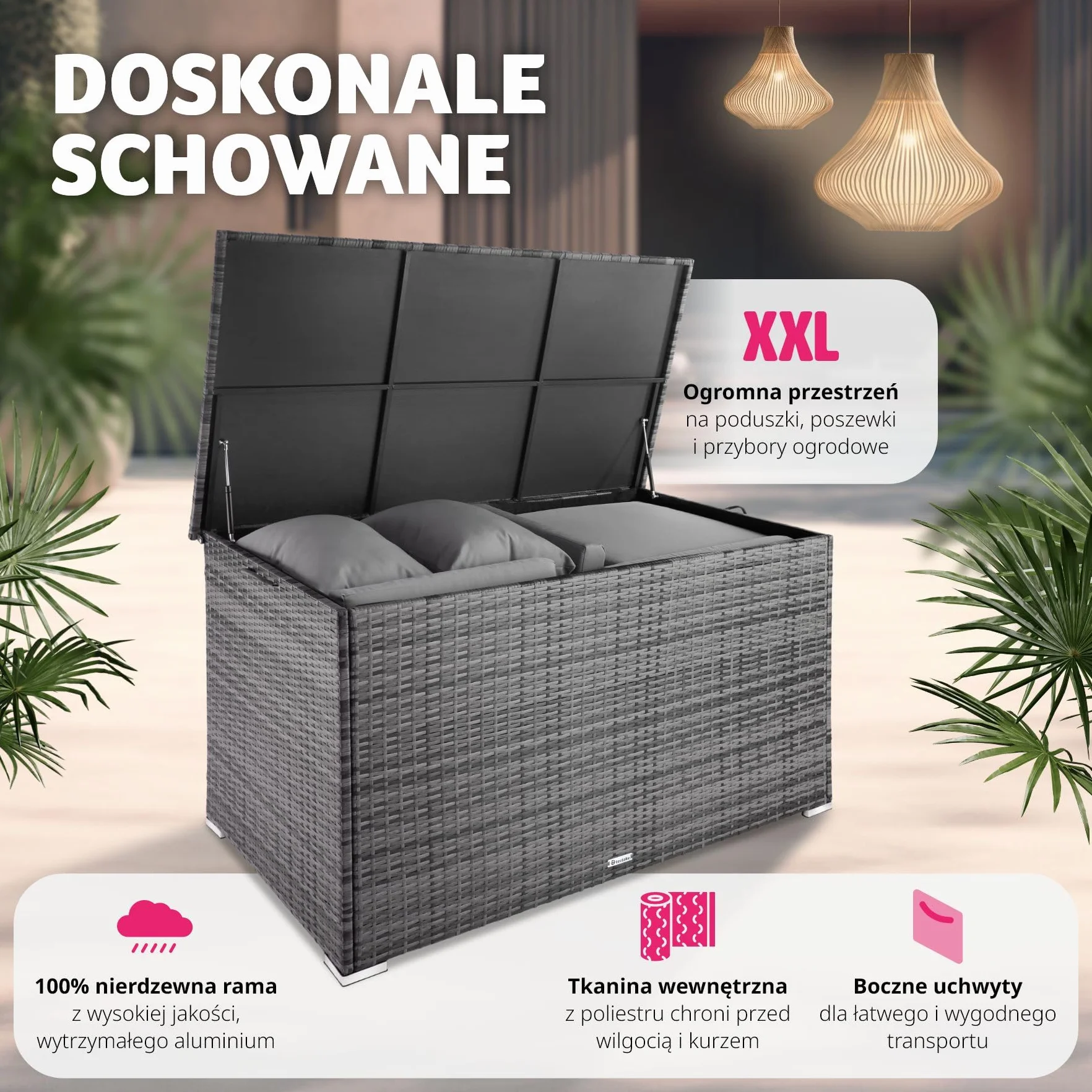 tectake Skrzynia Ogrodowa z Technorattanu 750 litrów 145 x 82,5 x 79,5 cm Szary