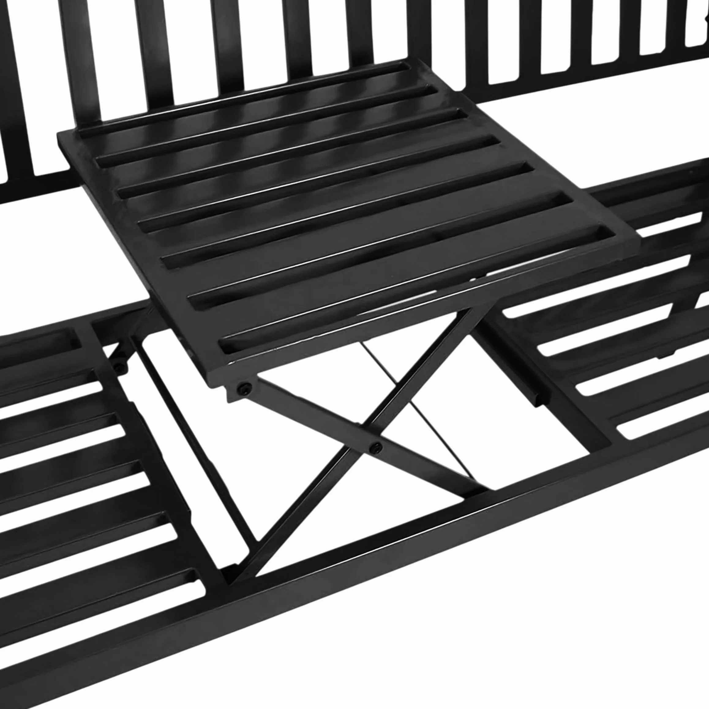 Metalowa ławka ogrodowa ze zintegrowanym stołem – 150 x 56 cm – ławka do siedzenia 2 w 1 lakierowana proszkowo na czarno – ławka parkowa ze składanym stolikiem, półka do ogrodu, na balkon, taras