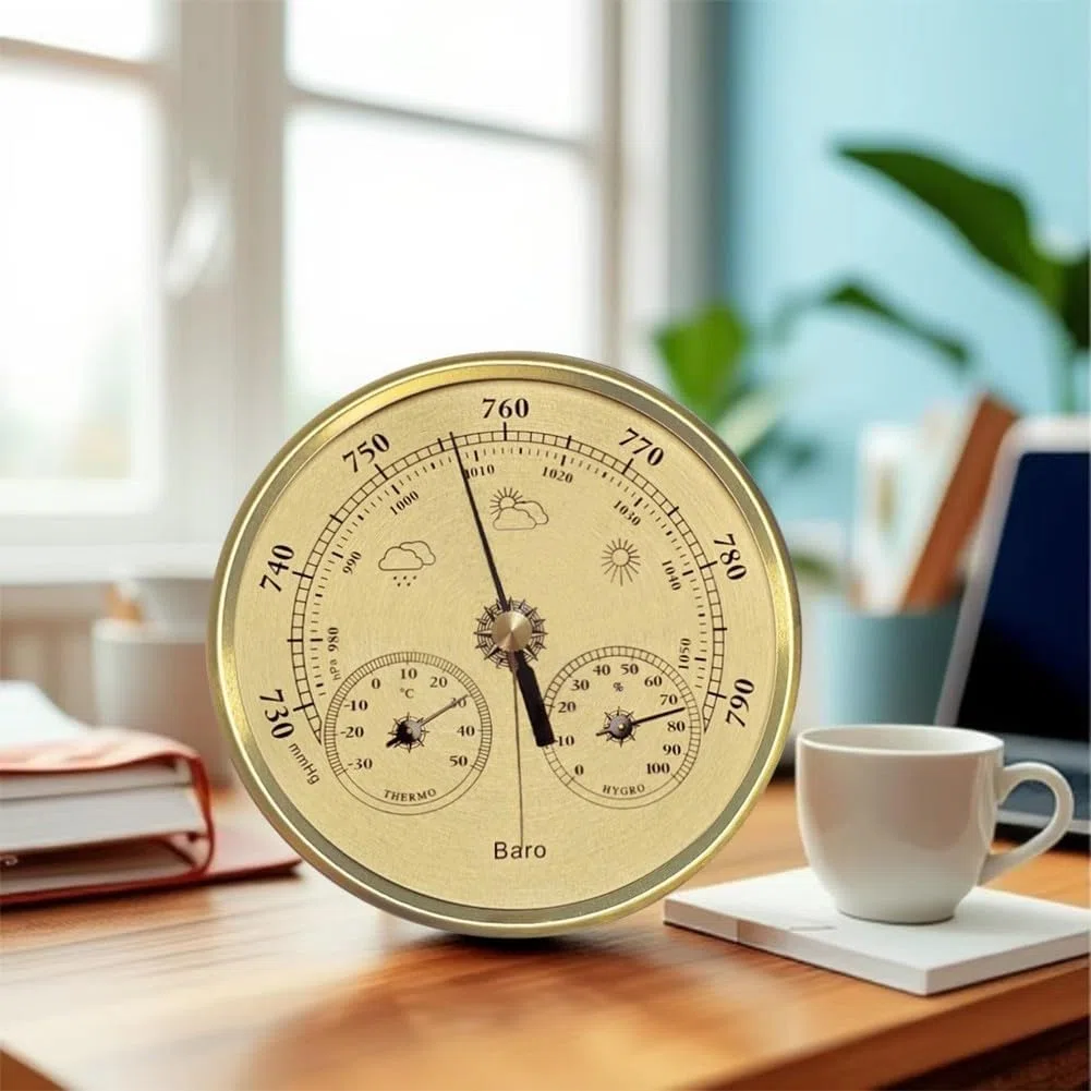 3-w-1 mechaniczna stacja pogodowa, termometr, higrometr, barometr, analogowy wyświetlacz temperatury wewnętrznej i zewnętrznej o średnicy 130 mm, nie wymaga baterii, aluminiowa konstrukcja metalowa