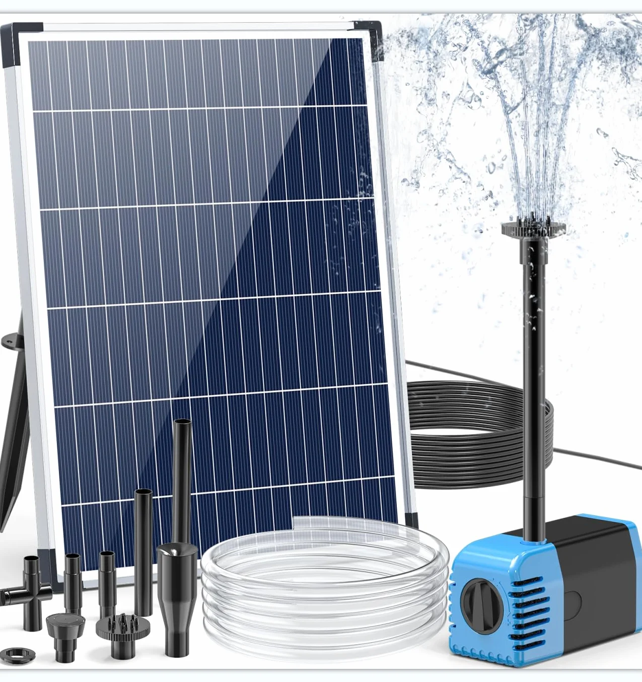 Fontanna solarna 12 W 605 l/h cicha pompa do stawu z wężem i 4 dyszami