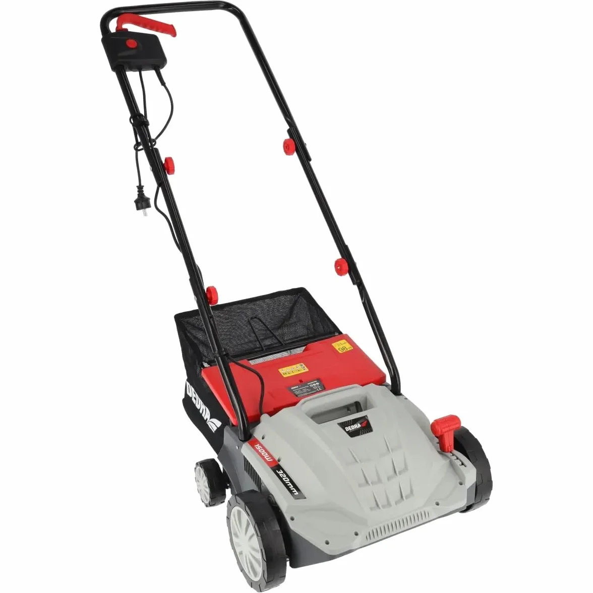 Wertykulator/napowietrzacz trawnika DEDRA, napęd elektryczny, moc 1500 W, 3000 obr./min, szerokość robocza 32 cm, niski poziom hałasu, worek na trawnik 30 l, z regulacją głębokości