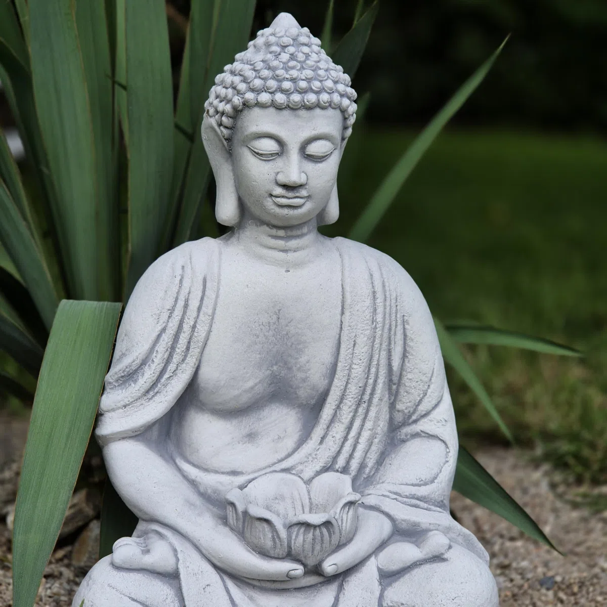 FABRIQ Duży masywny Budda z małą doniczką w dłoniach, masywna figurka, do ogrodu Zen, odporna na warunki atmosferyczne
