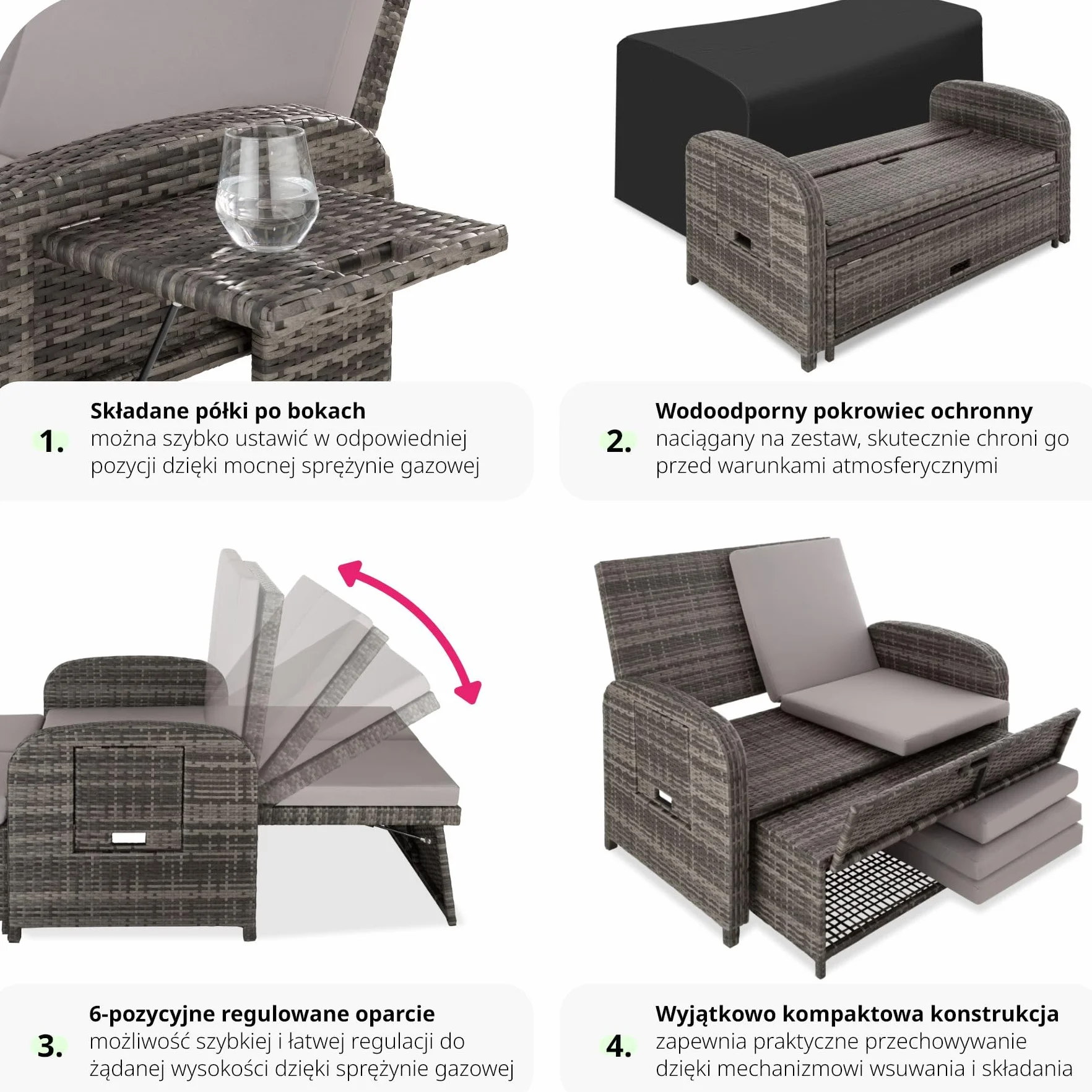 tectake® Sofa Ogrodowa z Technorattanu, Multifunkcyjna z Systemem Sprężyn, Regulowane Oparcie, Wodoodporne Poduszki, Bez Montażu, z Pokrowcem (Szary)