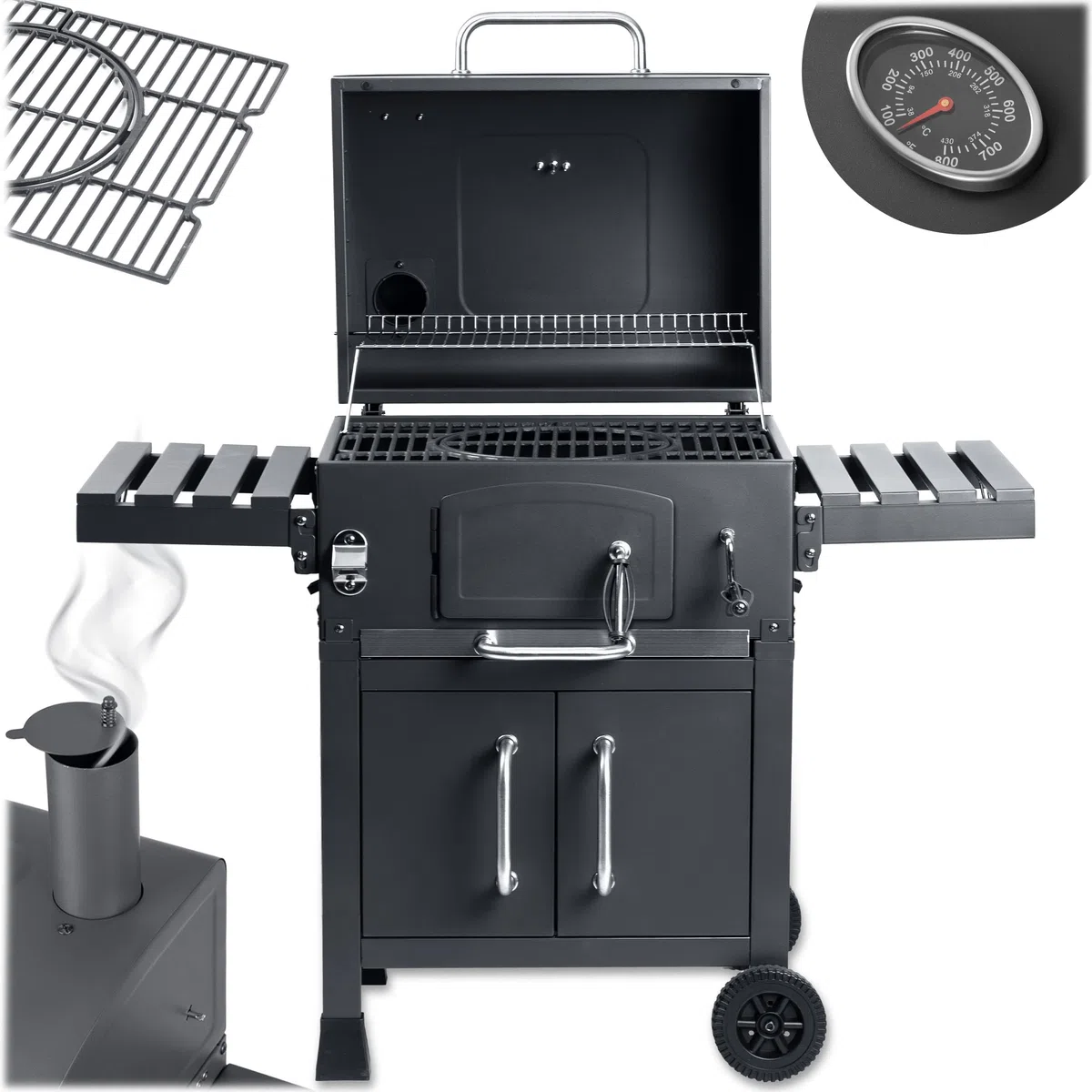 Berdsen Grill Węglowy Ogrodowy BBQChef z Kominem i Żeliwnym Rusztem 41,5 x 57 cm - Regulowane Palenisko, Termometr, Składane Półki, Szafka - Przenośny na Kołach - Antracytowy