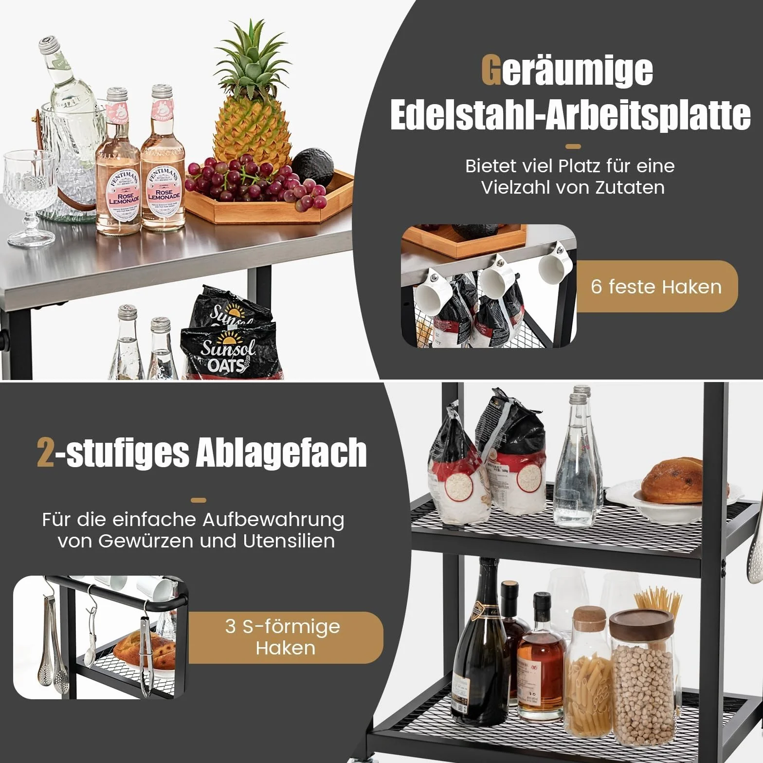 COSTWAY Grill na kółkach stół do grillowania z 3 półkami 4 kółkami