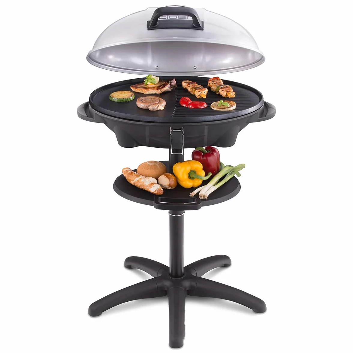 Cloer 6789 Grill Elektryczny Ogrodowy ze Stojakiem, Termometr, Powłoka Nieprzywierająca, 2400 W, Powierzchnia 38,5 x 52,5 cm, Kompaktowe Przechowywanie