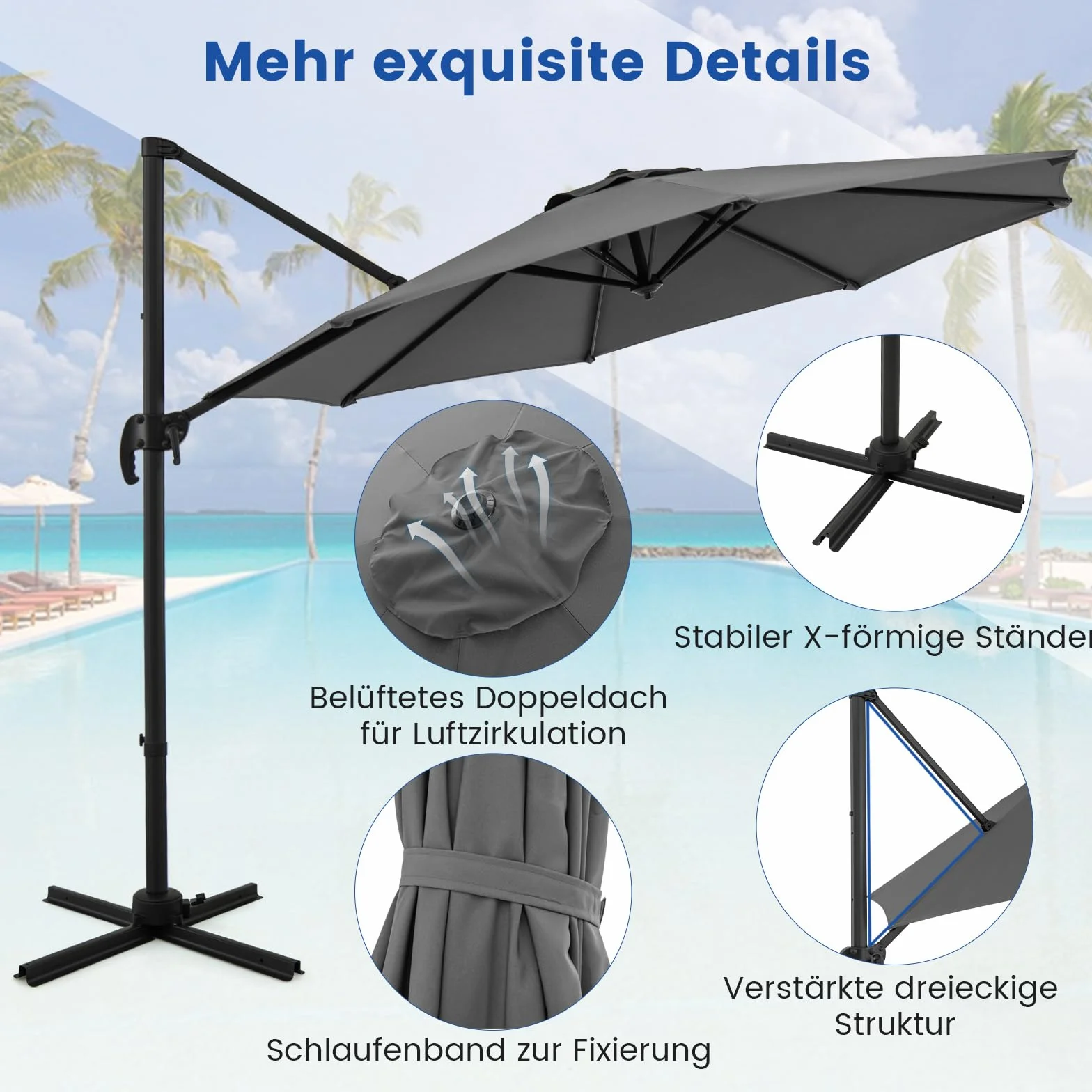 COSTWAY Parasol przeciwsłoneczny, 300 x 300 cm, z korbą, parasol ogrodowy, wychylny, obracany o 360°, duży parasol tarasowy, okrągły parasol do ogrodu, na taras