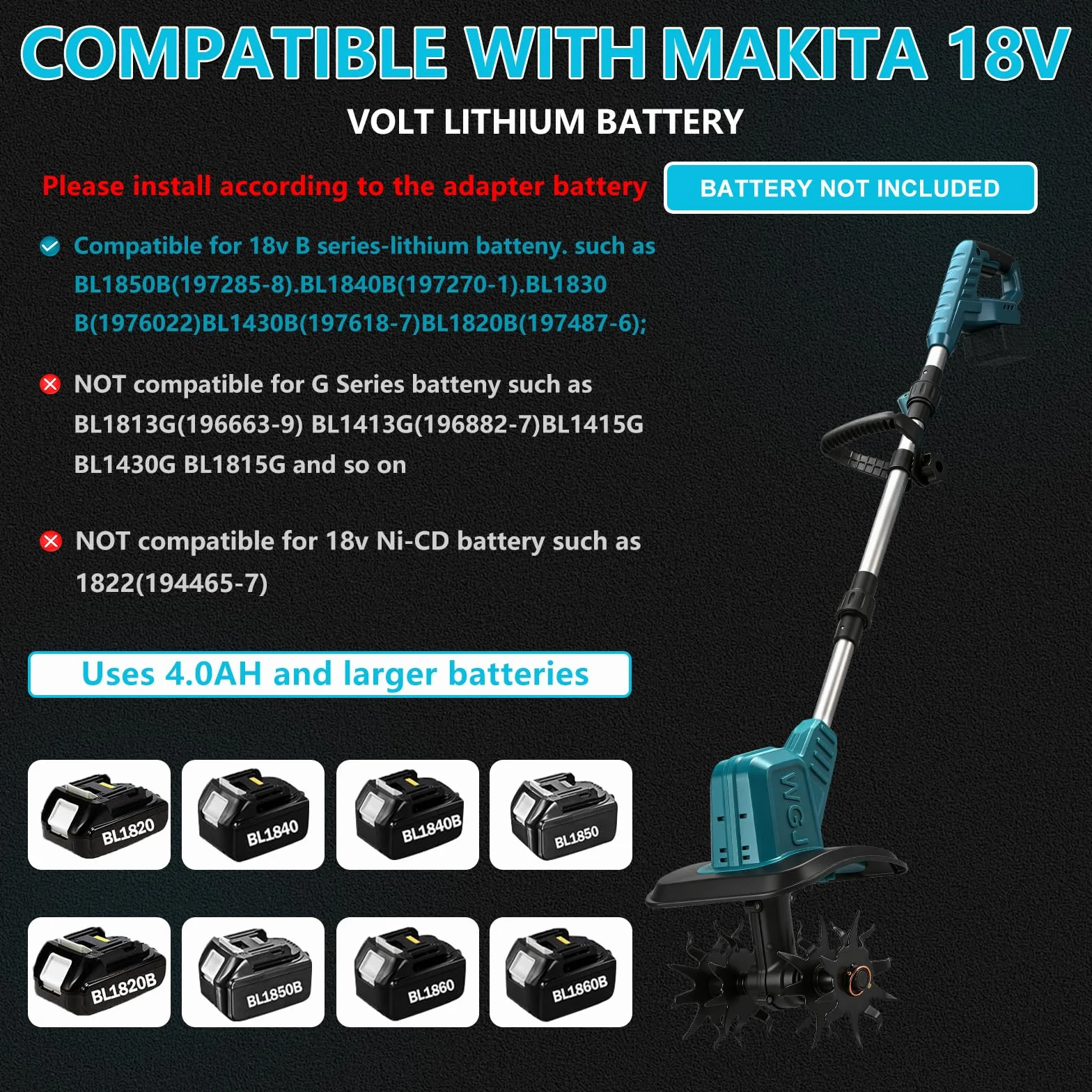 Akumulatorowa glebogryzarka kompatybilna z akumulatorem Makita 18 V, 550 W, składana, szerokość robocza 22 cm, głębokość robocza 17 cm, bezszczotkowa glebogryzarka elektryczna do ogrodu i trawnika