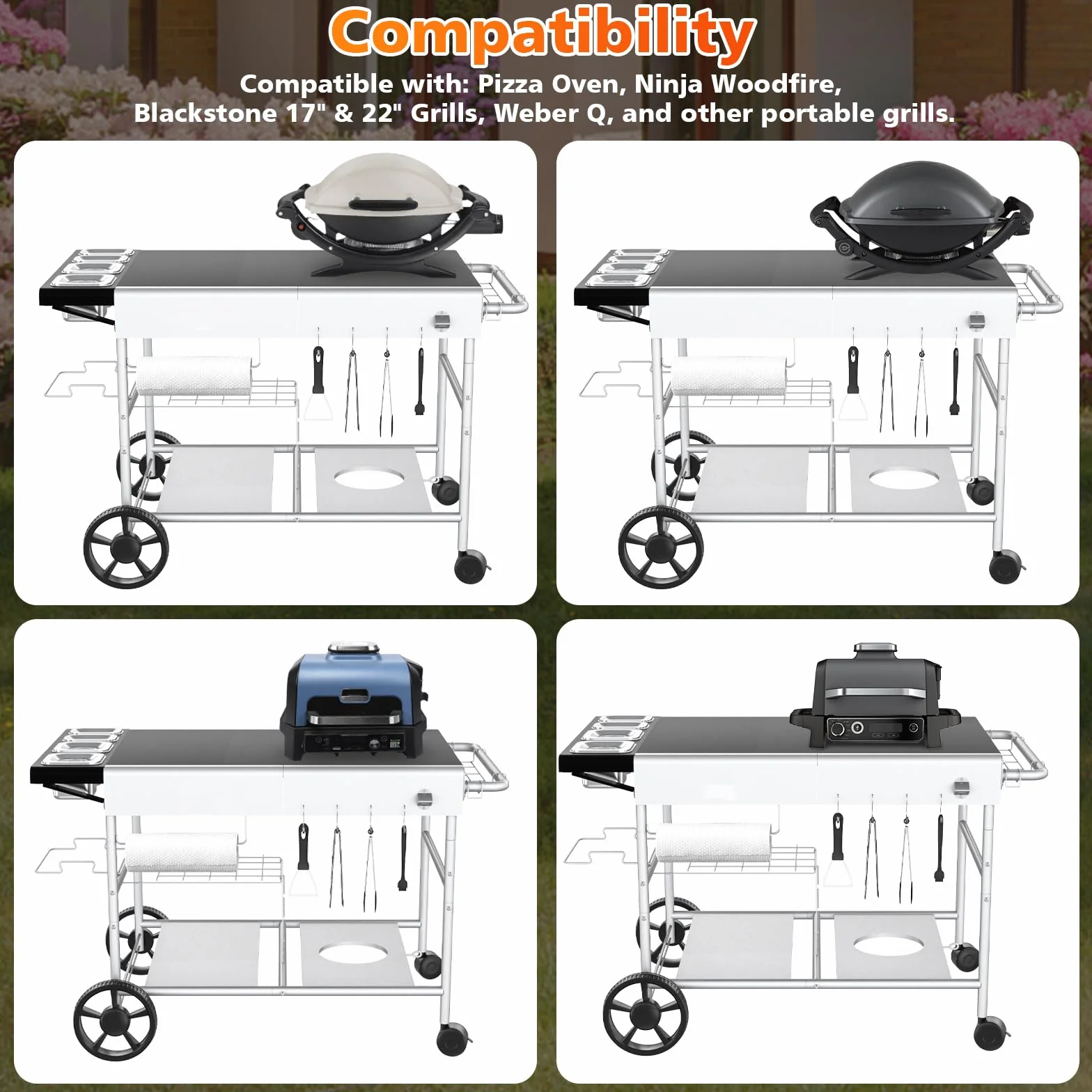 GFTIME Wózek do serwowania grilla z serii Q, Ninja Woodfire, grill stołowy, stół do grillowania z dużą powierzchnią roboczą, wózek do serwowania na zewnątrz, wózek do serwowania, wózek ogrodowy na