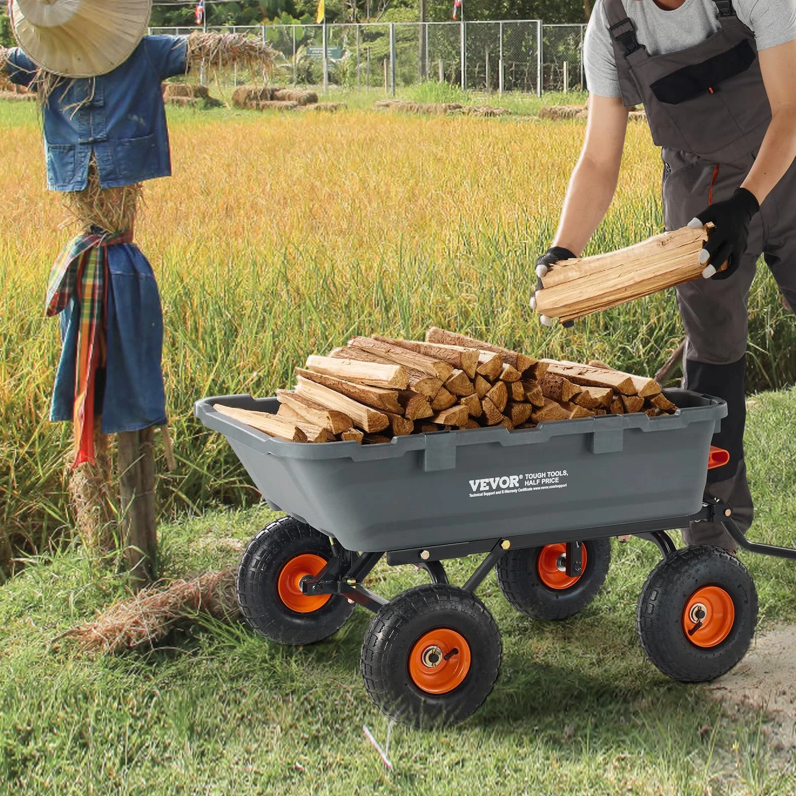 VEVOR Wózek ogrodowy 362.9 kg Poly Dump, wytrzymały wózek wywrotkowy, 4-kołowa taczka z oponami 25 cm, uchwyt obrotowy 180°, stalowa rama i system szybkiego zwalniania