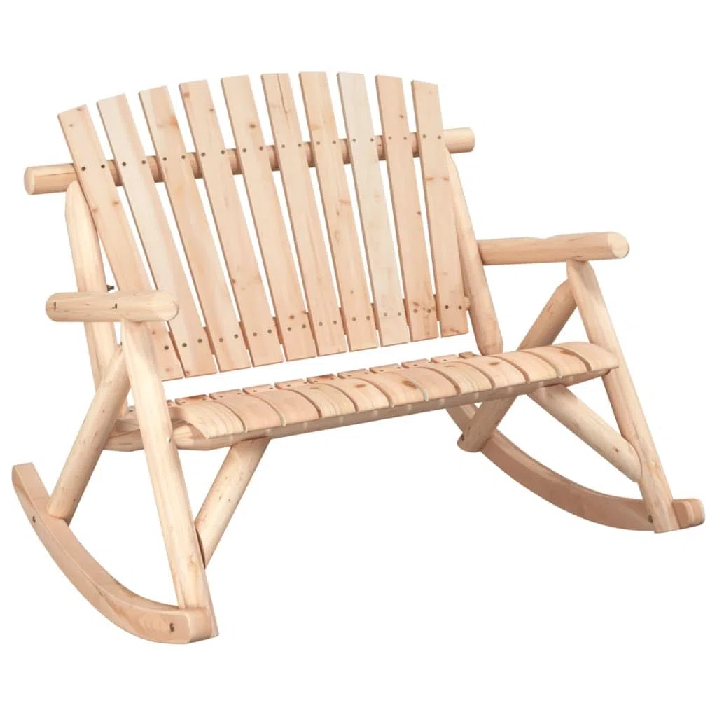 Huśtawka ogrodowa 2-osobowa, 123 x 96 x 102 cm, wykonana z litego drewna świerkowego, trwała i stabilna, z drewnianą ramą, łukowatym siedziskiem, podłokietnikami i oparciem w stylu Adirondack