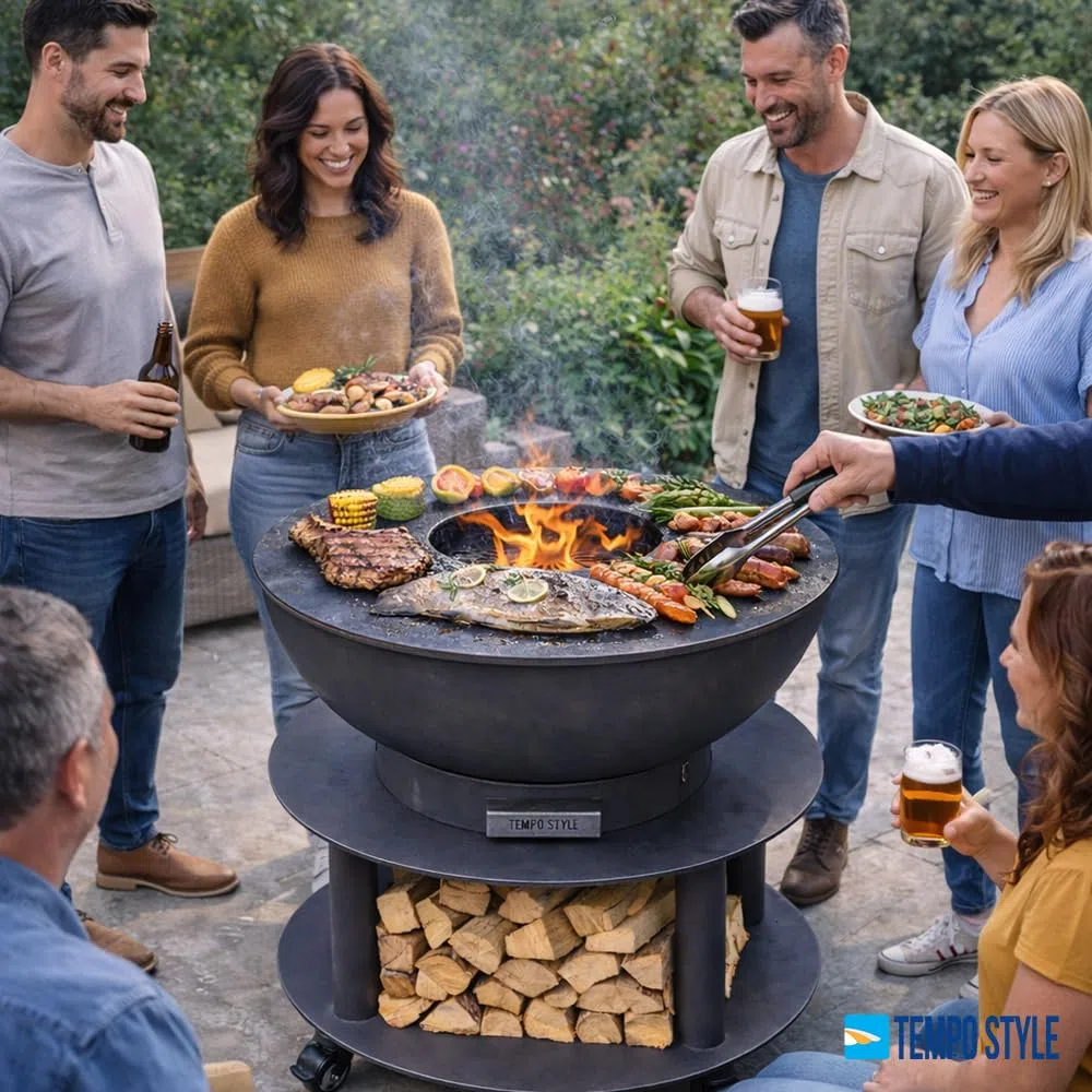 Grill na drewno i węgiel drzewny Stromboli | Okrągły grill ze stali Corten do użytku na zewnątrz i do ogrodu, z grillem do gotowania ze stali nierdzewnej 316 sp.1 cm, przenośny z kółkami
