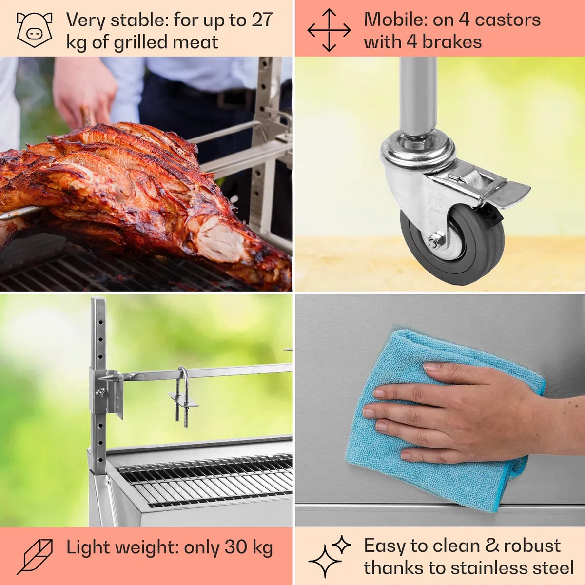OneConcept Grill rożnowy 2w1 z silnikiem, Grill z obrotowym rożnem, Duży rożnowy do kurczaka i prosiaka, z silnikiem, z rusztem ze stali, Duży węglowy na kółkach