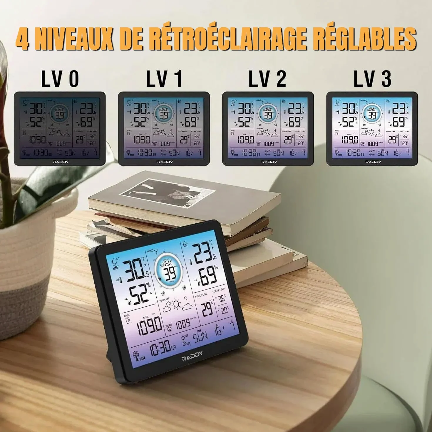 Raddy VP7 radiowa stacja pogodowa do użytku wewnątrz i na zewnątrz, profesjonalny termometr, cyfrowy wyświetlacz 7,4" w kolorze fioletowym, zegar radiowy, monitor temperatury i wilgotności, prognoza