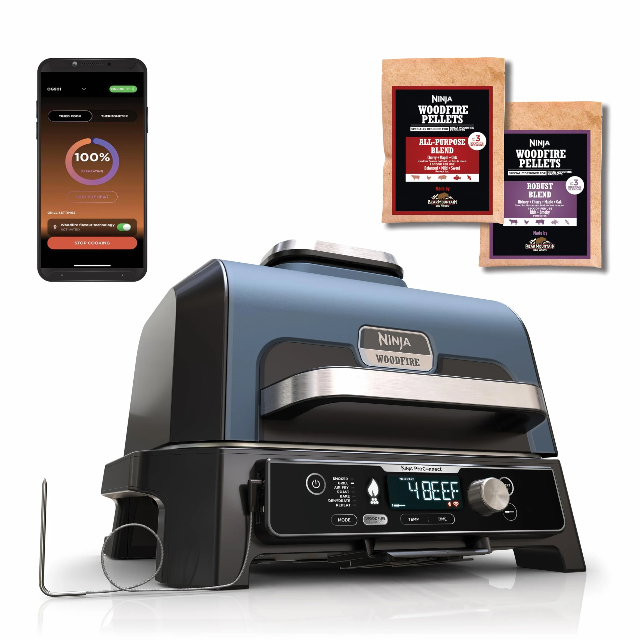 Ninja Woodfire Pro Connect XL Grill elektryczny, wędzarnia i frytkownica 7 w 1, sterowany za pomocą aplikacji, termometr cyfrowy z sondą, opalany pelletem drzewnym, wodoodporny, czarny, OG901EU