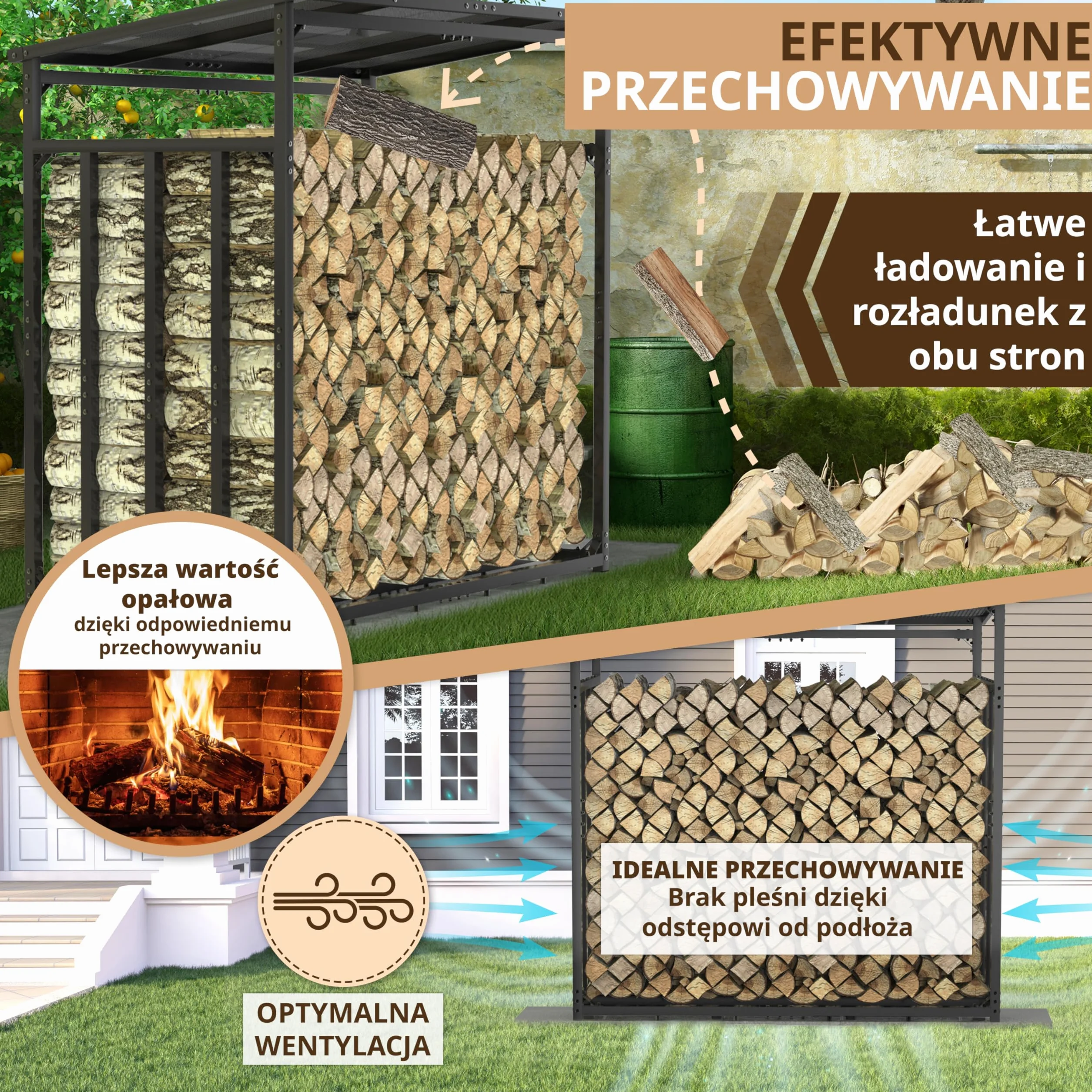 Metalowy regał na drewno opałowe, wymiary zewnętrzne 185 x 105 x 185 cm, ocynkowany 4 x 4 cm, przekrój 3,5 t, z dachem, stabilny drewniany stojak na drewno opałowe, regał