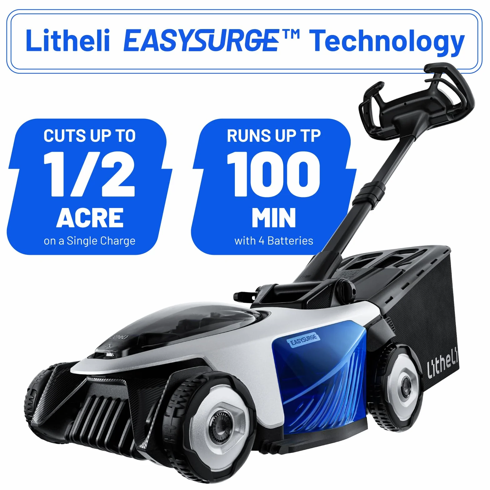 Litheli EASysurge akumulatorowa kosiarka do trawy 43 cm, 2 x bateria 20 V 4,0 Ah, napęd własny (2,2 – 4,7 km/h), regulowana wysokość 25-75 mm, worek 50 l, do trawników do 500 m²
