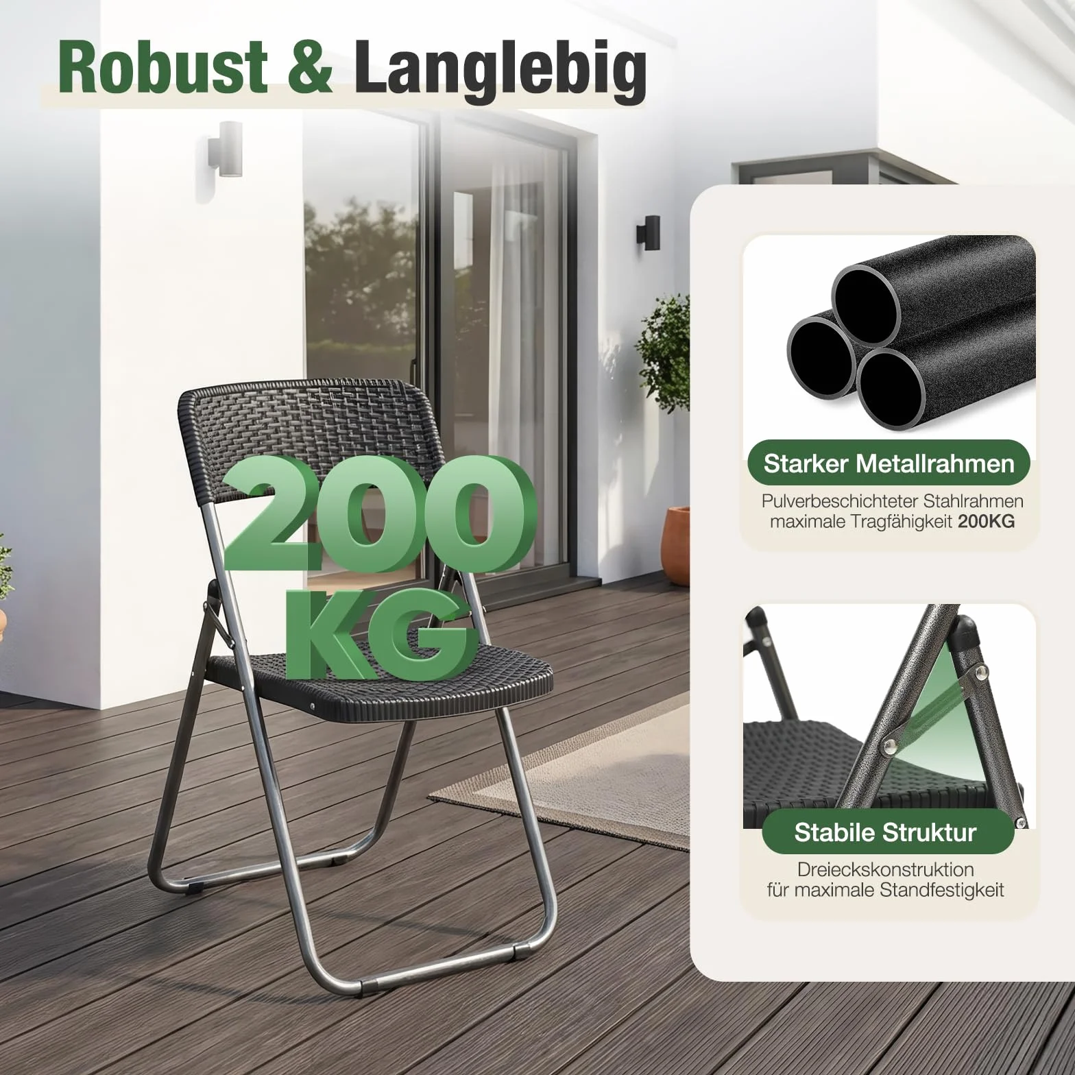 Sekey rattanowe krzesło ogrodowe, składane, 6 sztuk, 200 kg, 46 x 53 x 84 cm, wodoszczelne, na balkon, do ogrodu, zestaw krzeseł ogrodowych, czarne