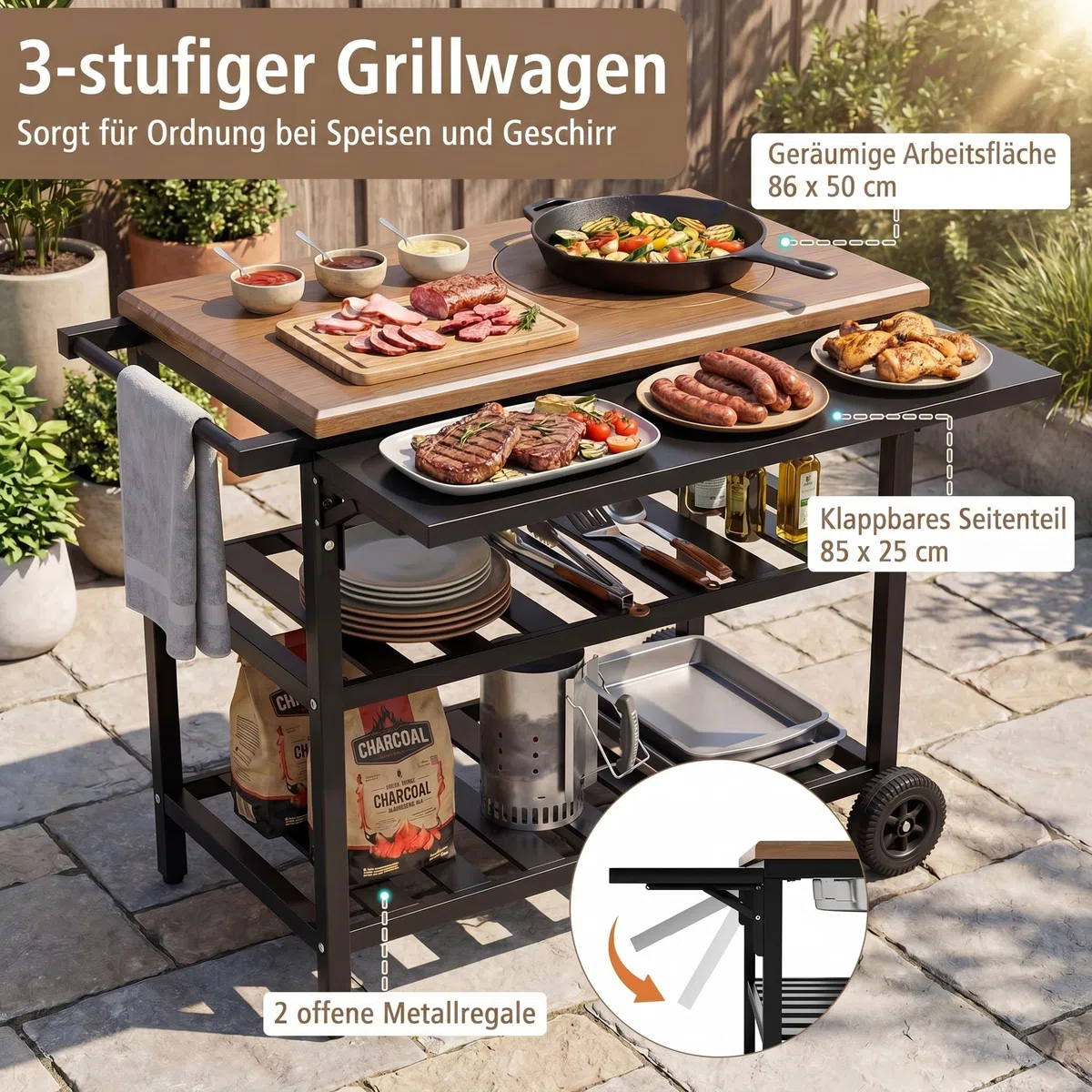 COSTWAY Grill na kółkach, stół grillowy na kółkach, składany stół boczny, powierzchnia robocza o wyglądzie drewna i 2 półki, metal, na taras, 94,5 x 75 x 78,5 cm, brązowy