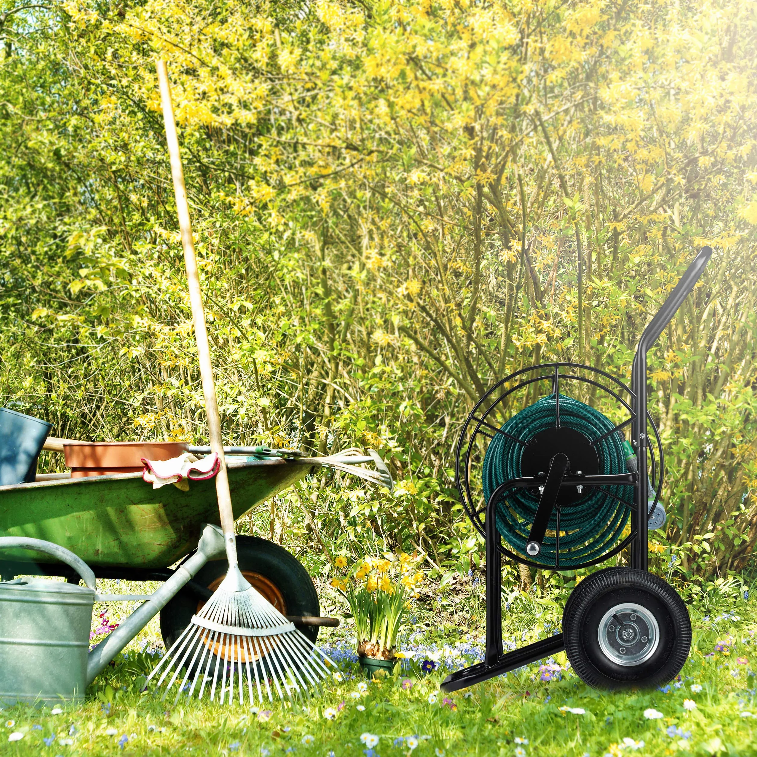 Wózek na wąż Relaxdays, ruchomy bęben na wąż, przyłącze 1/2" i 3/4", do 80 m węża, 2 koła, metal, czarny