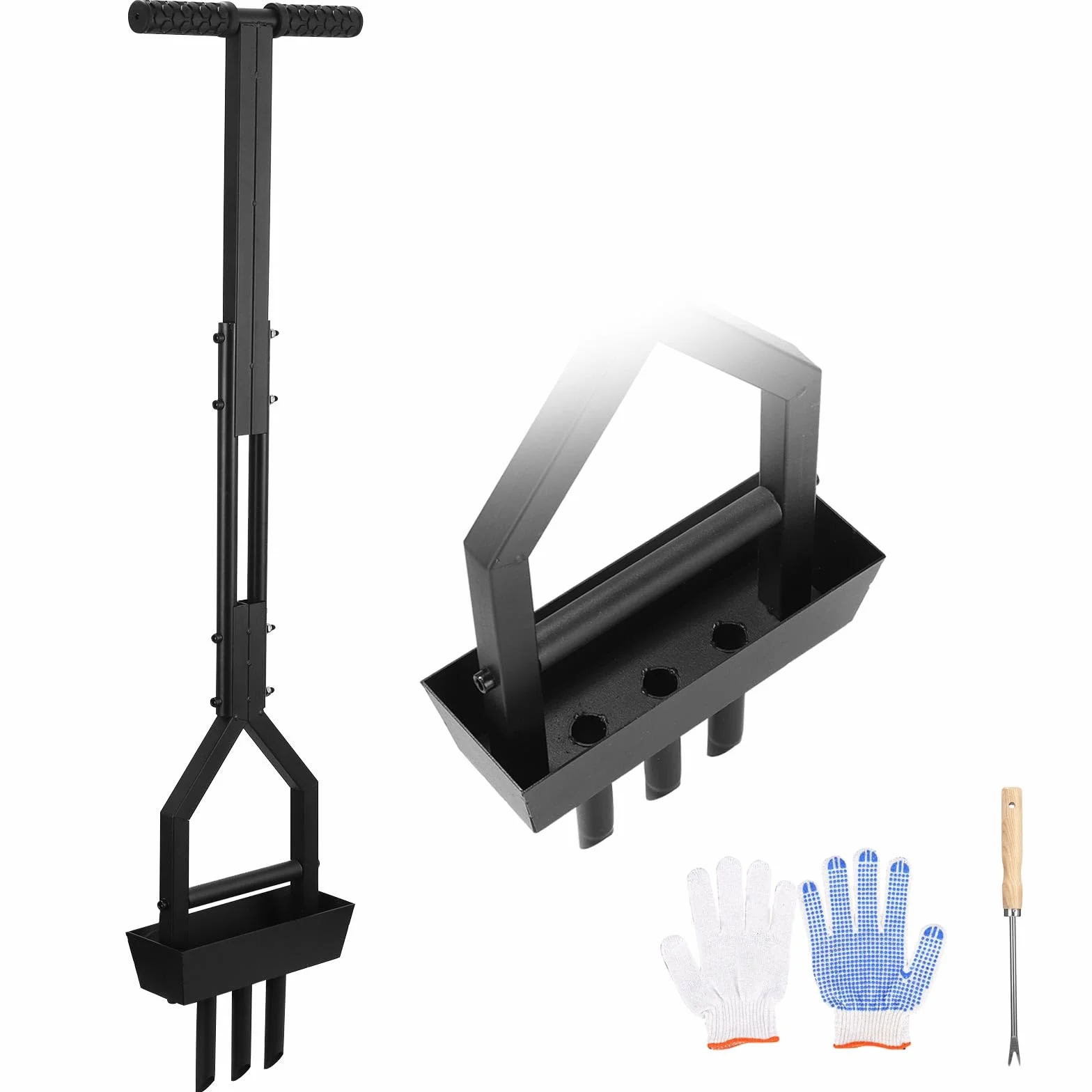 Napowietrzacz trawnika, aerator do trawnika, z tacą, narzędzie do czyszczenia i rękawica, uchwyt T 95 cm, wertykulator do trawnika, ręczny, Heavy Duty, napowietrzanie trawnika lub podwórka