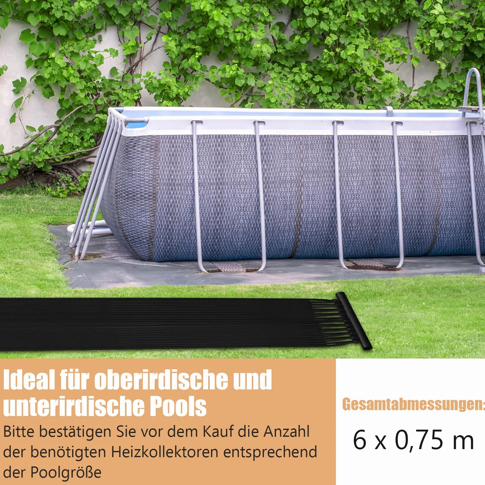 COSTWAY Kolektor solarny ogrzewanie basenu, 600 x 75 cm, ogrzewanie solarne z tworzywa sztucznego odpornego na promieniowanie UV, ogrzewanie basenu do 25800 l, czarny