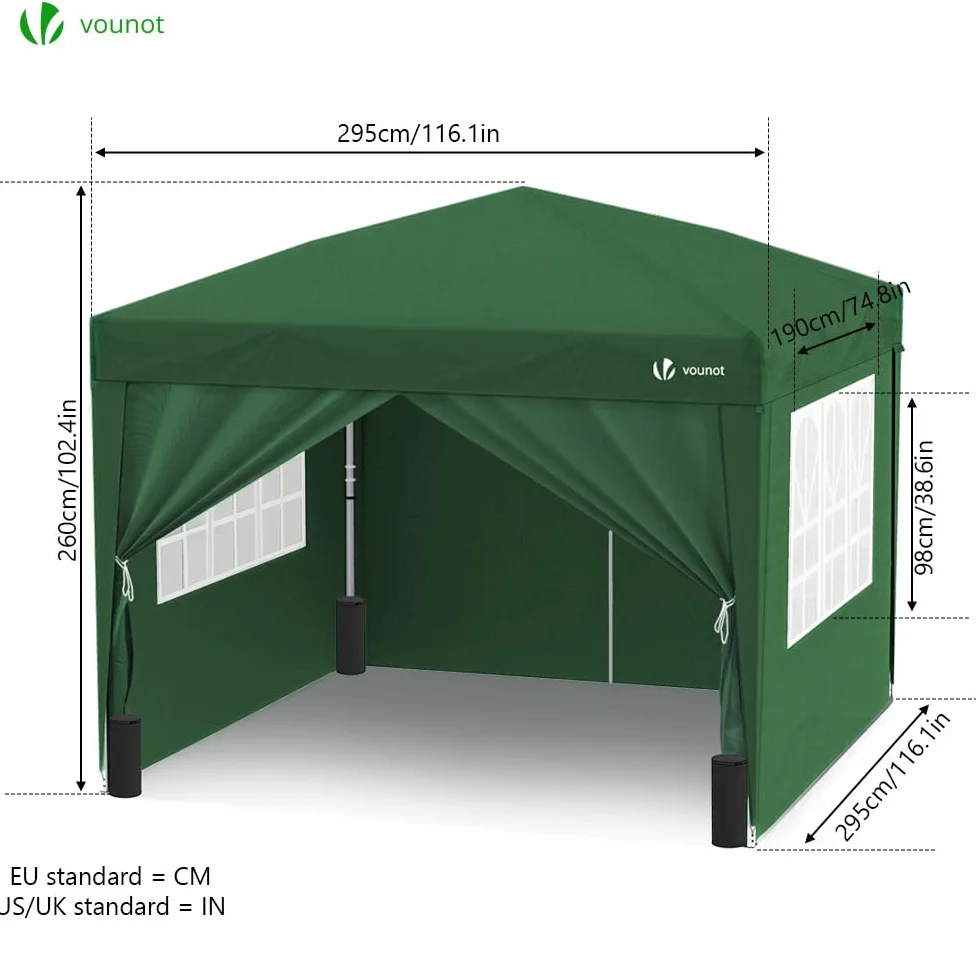 VOUNOT Pawilon ogrodowy, 3 x 3 m, składany, z 4 bokami i 4 workami z piaskiem, składany namiot ogrodowy, na kemping, festiwal, plażę, do ogrodu, wraz z torbą transportową, zielony