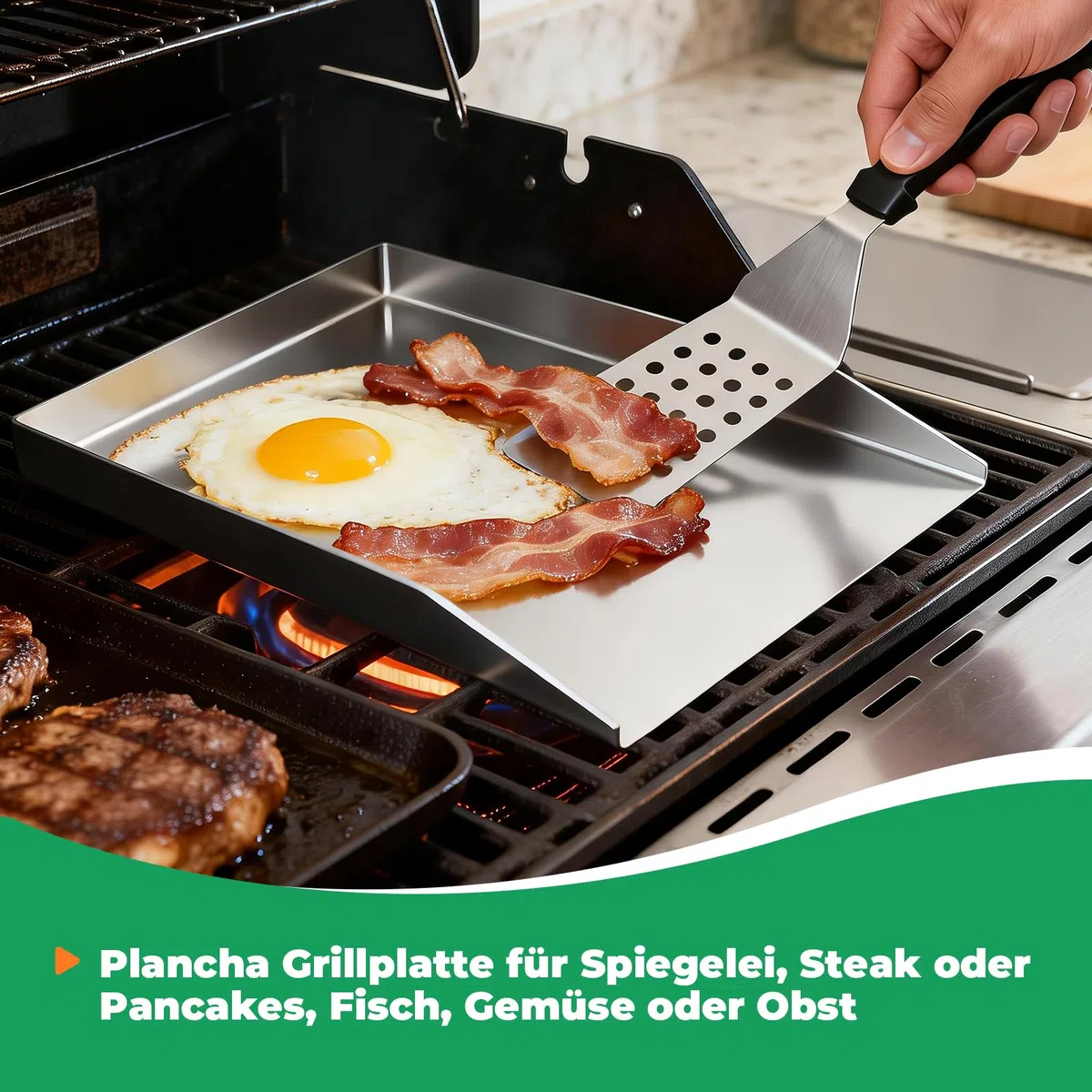WELL GRILL Plancha uniwersalna płyta grillowa, patelnia grillowa, 20 x 30 cm, masywna stal nierdzewna, prostokątna tacka grillowa, pasuje do grilla gazowego Weber Outback Landmann Char-Broil i grilla na węgiel drzewny