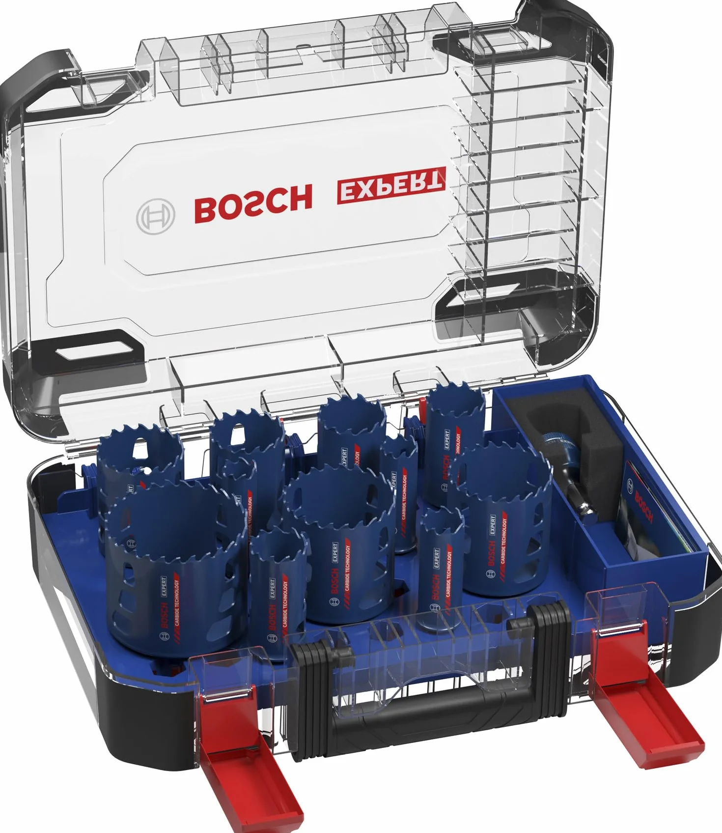 Bosch 14x Zestaw uniwersalnych otwornic EXPERT Multi Material PC Plus (do Drewno z metalem, Cegła, Ø 20, 22, 25, 32, 35, 40, 44, 51, 60, 64, 76 mm, Professional Akcesoria Wiertarki)