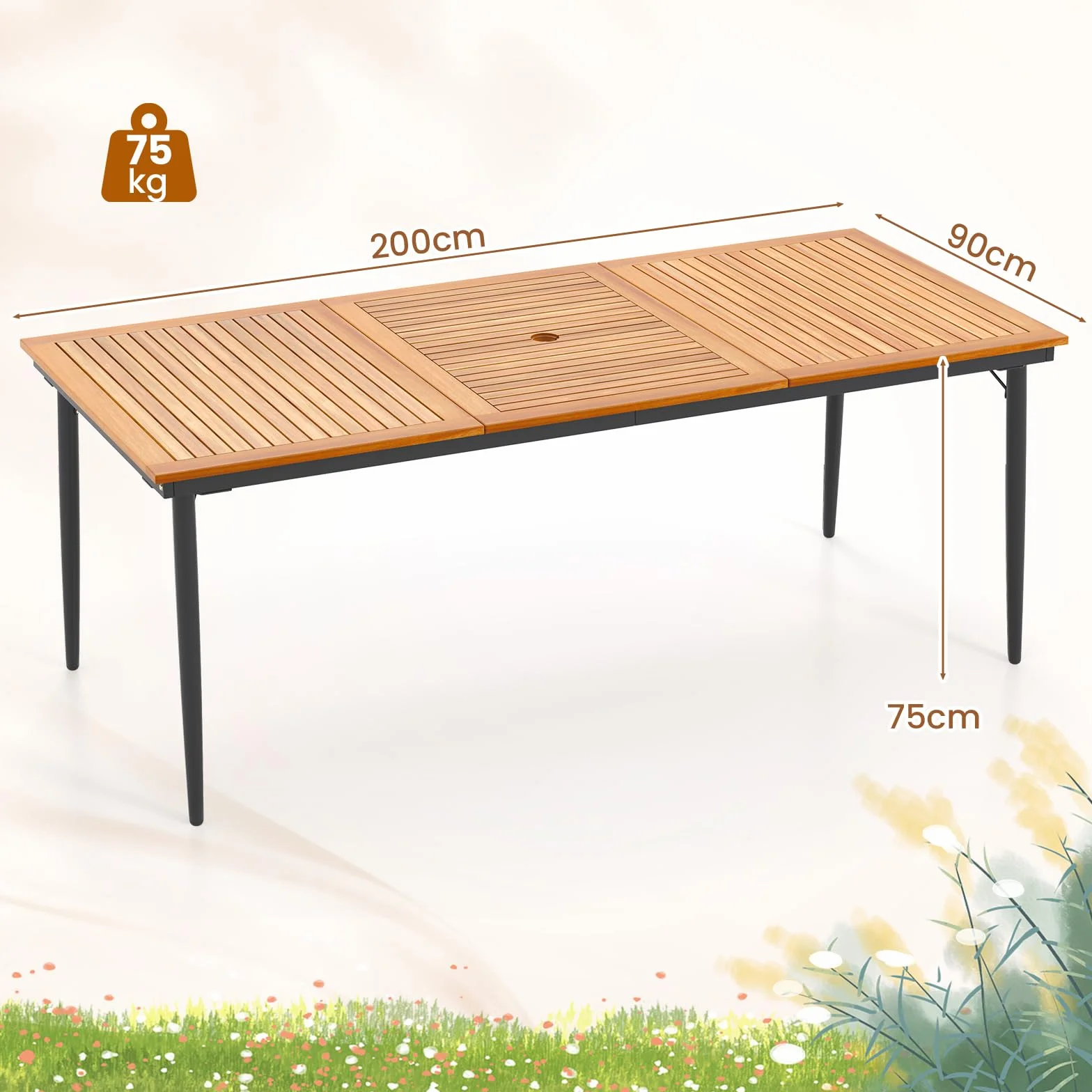 GIANTEX Stół ogrodowy z otworem na parasol Ø 5 cm, prostokątny stół zewnętrzny z drewna akacjowego dla 8 osób, metalowe nóżki, na taras, patio, 200 x 90 x 75 cm