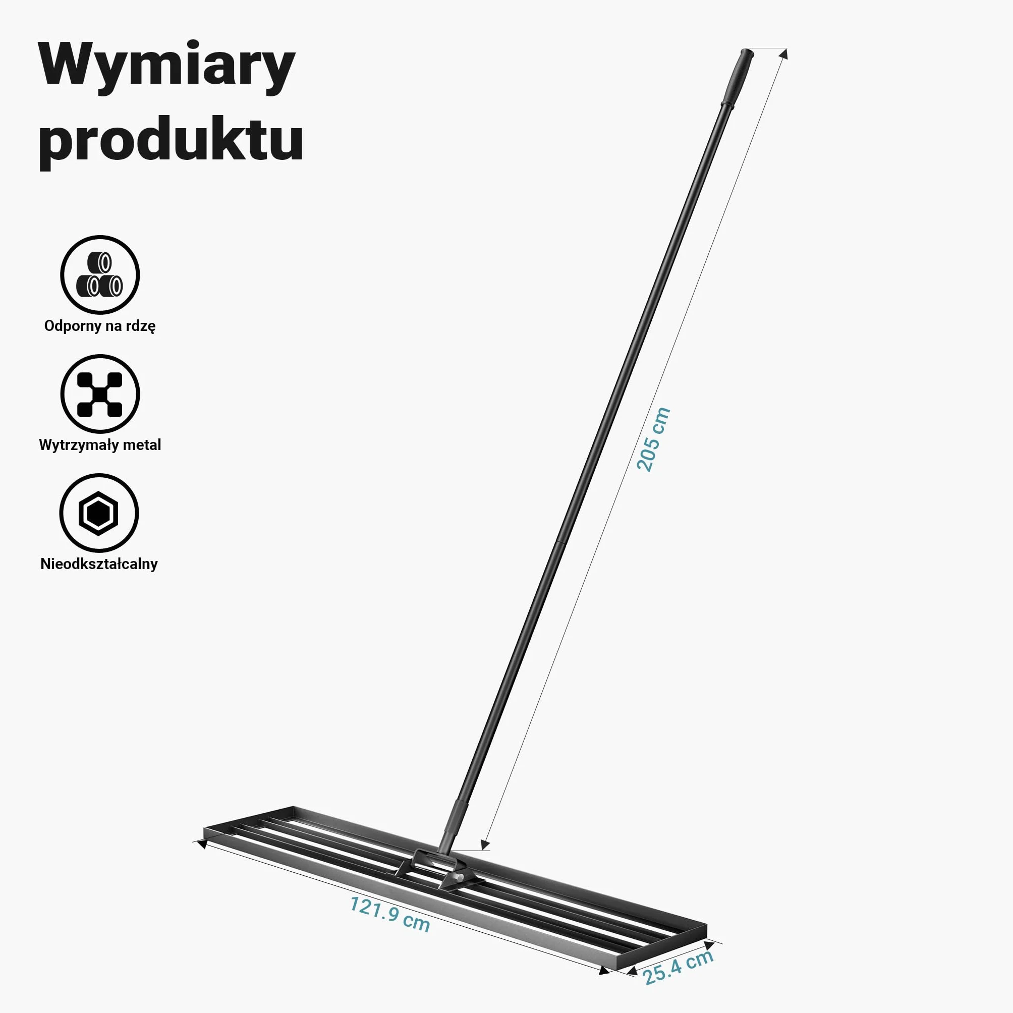 Wiltec Niwelator ręczny 25,4cm x 121,9cm aluminiowy z regulowanym kijem 2m, grabie do trawnika