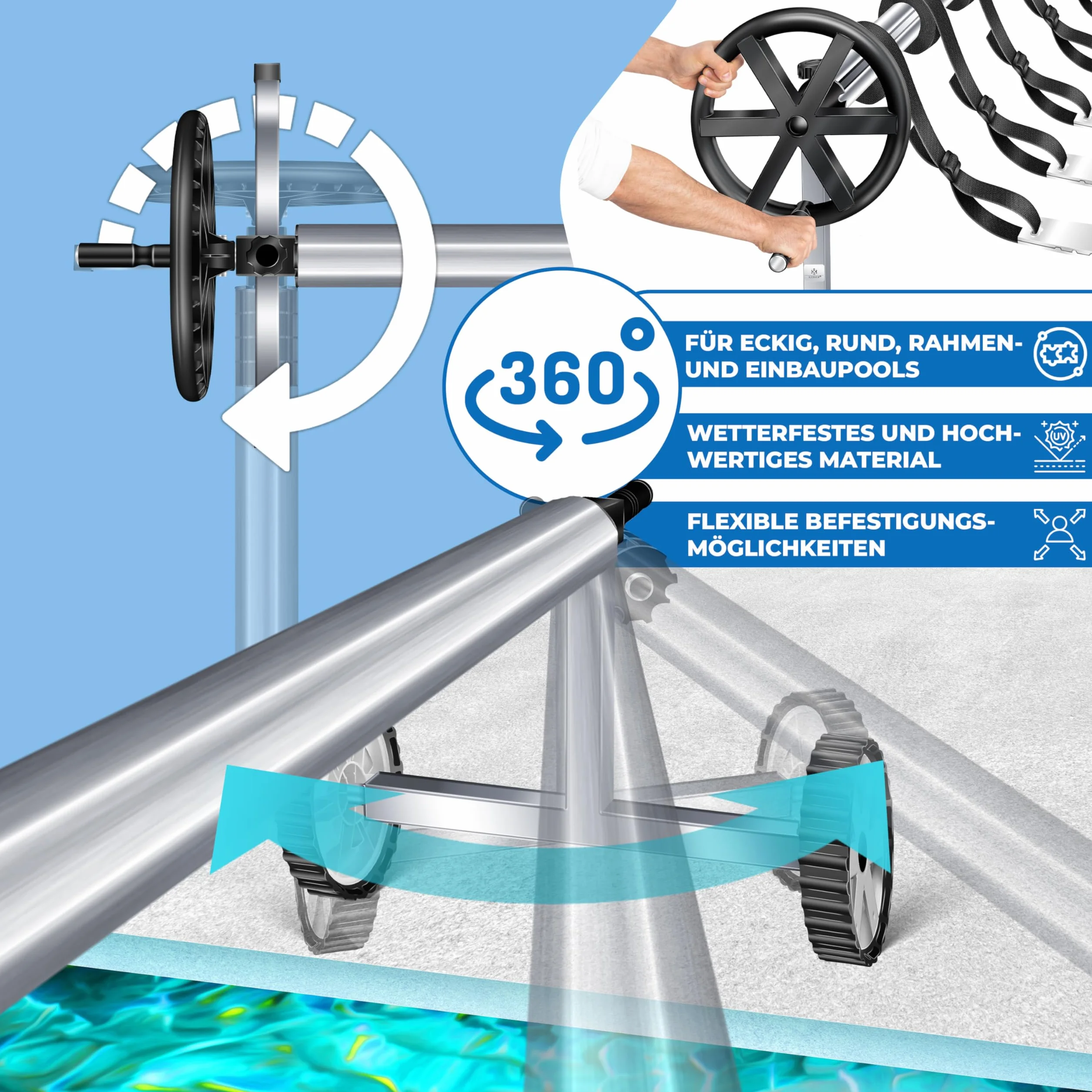 KESSER® Pool Premium system zwijania 3 m – 5,70 m | z kółkami | do plandeki solarnej | mobilne urządzenie do zwijania plandeki basenowej i pokrywy | w zestawie taśmy, rękawice i szczotka | materiał