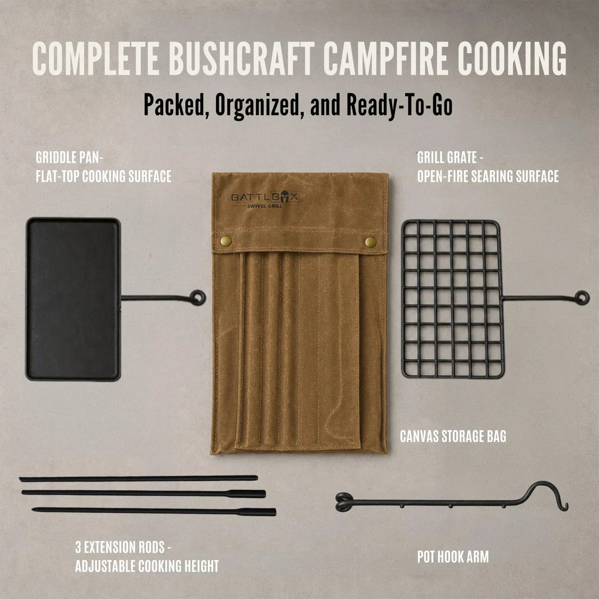 BATTLBOX Bushcraft zestaw grilla, stalowy ruszt do gotowania na ognisku, obrotowy grill na świeżym powietrzu, otwarty ogień, pakowany zestaw do gotowania przy ognisku, wytrzymały grill kempingowy,