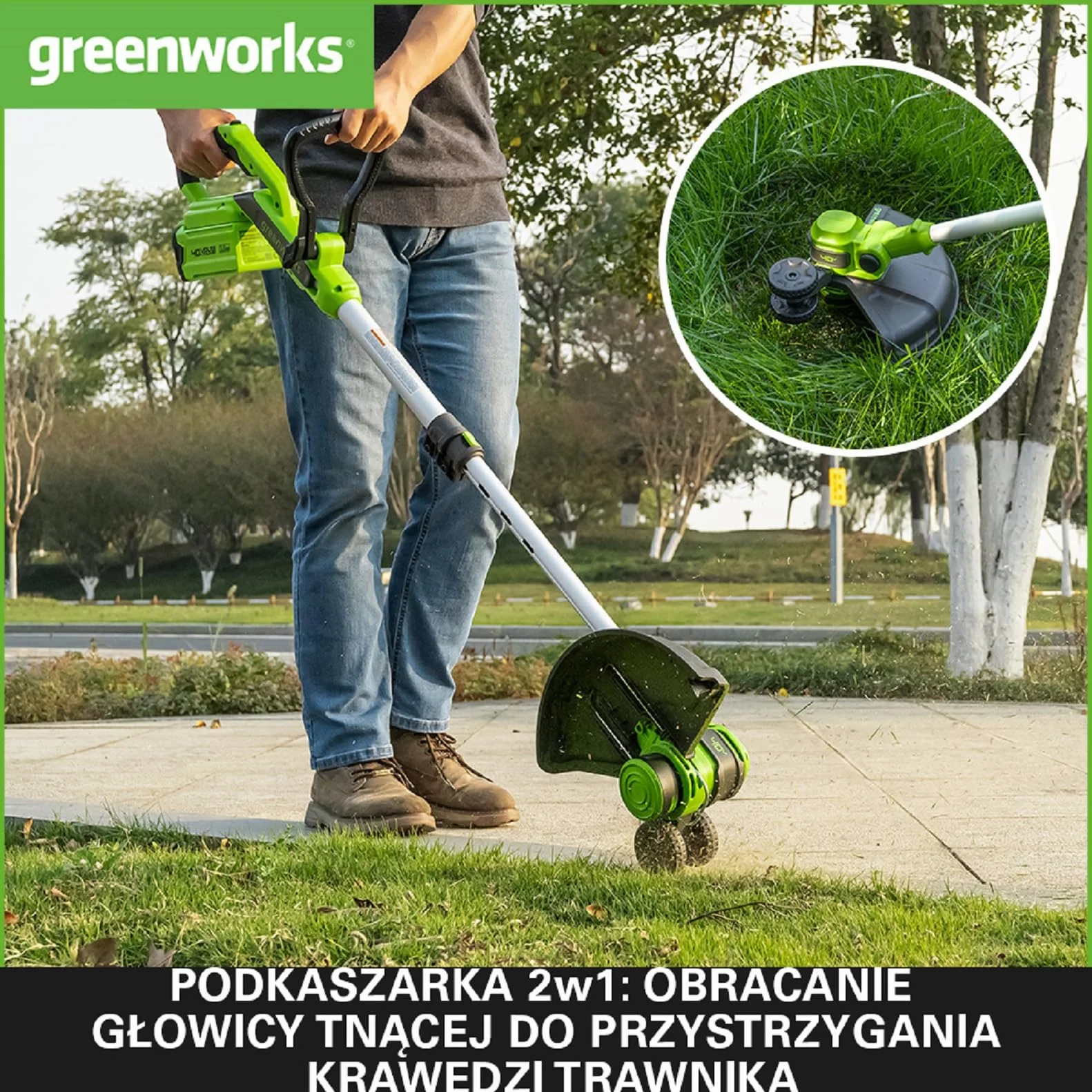 Greenworks G40LT33 Akumulatorowa Podkaszarka Krawędziarka z Kołem do Małych i Średnich Ogrodów, Szerokość Cięcia 33 cm, Automatyczny Wysuw Żyłki Nylonowej 1,65 mm, BEZ Baterii 40V i Ładowarki