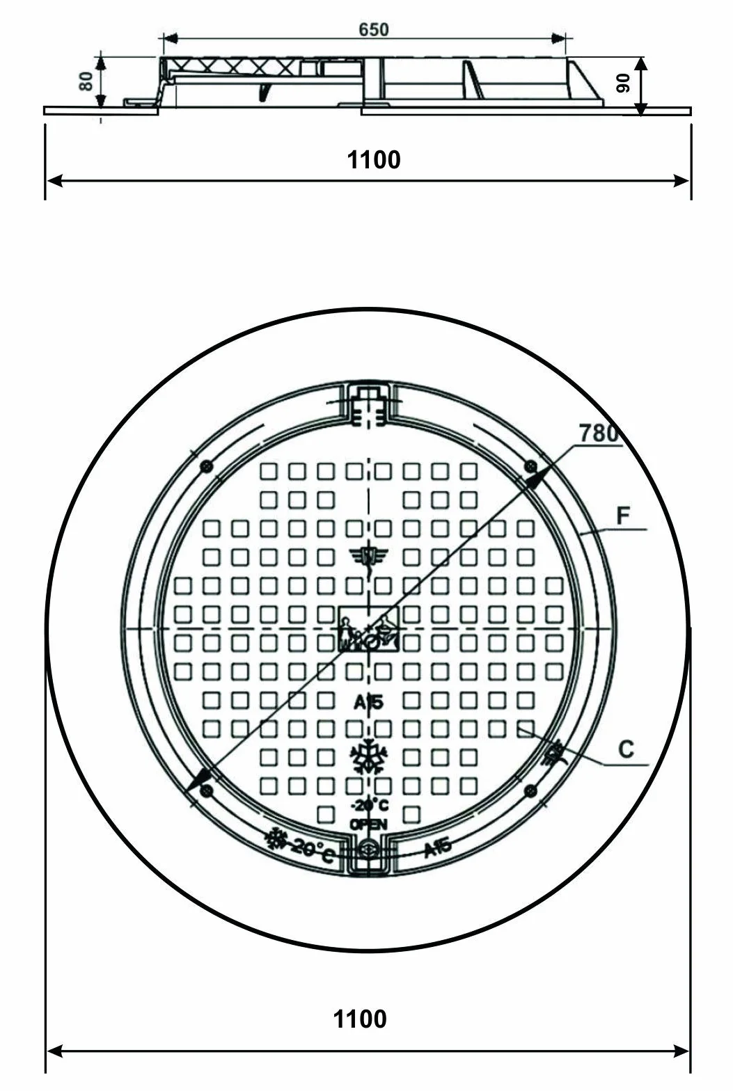 Varile 1100 mm XXL pokrywa włazu z tworzywa sztucznego, uniwersalna pokrywa gully, pokrywka cysterna (czarna)