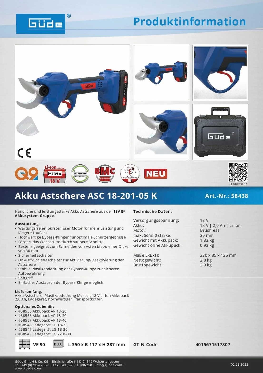 Güde Akumulatorowe nożyce do gałęzi ASC 18-201-05 K (Easy-Energy-Exchange Brushless Series, litowo-jonowy, 18 V, do 30 mm grubości gałęzi, wysokiej jakości ostrza obejściowe, wyłącznik bezpieczeństwa,