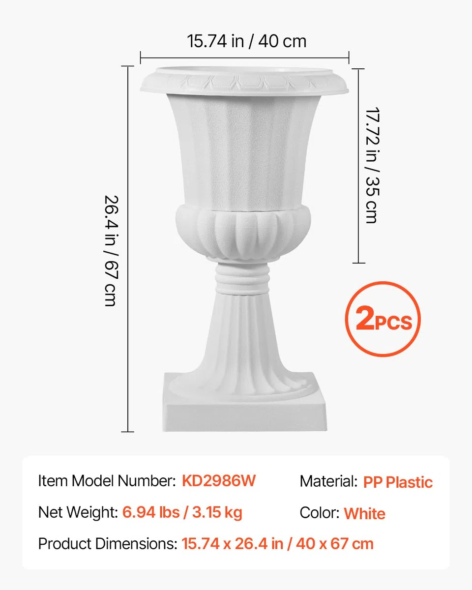 VEVOR Plastikowa doniczka 40 x 67 cm, klasyczna doniczka na kwiaty, zestaw 2 szt., urna ogrodowa do roślin urna plastikowa kwiatowa do wnętrz, na zewnątrz, wydarzenia, sceny, wejścia, biała
