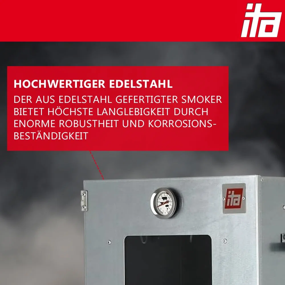 ITA Elektryczny piec wędzarniczy 7002 – zestaw wędzarniczy z ogrzewaniem, generator dymu, szafka wędzarnicza z oknem i termometrem, stal nierdzewna, jakość UE, 81 cm, z 3 poziomami