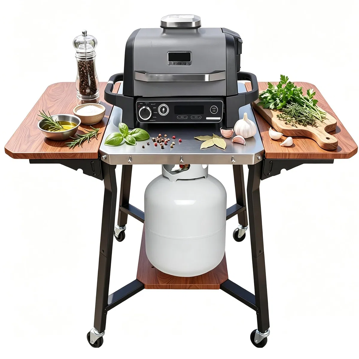 GFTIME Wózek grillowy z blatem roboczym ze stali nierdzewnej, wózek BBQ z 2 składanymi półkami bocznymi, uchwytem na butlę gazową i kółkami, mobilny wózek kuchenny do grilla, pieca do pizzy i ogrodu
