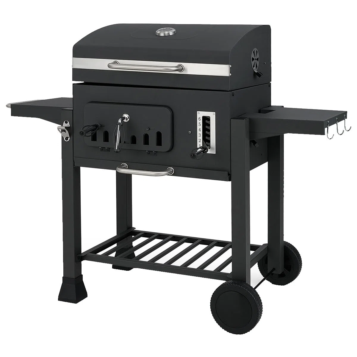 GOPLUS Grill na węgiel drzewny, grill węglowy z kółkami, uchwyty, ruszt do grillowania, blacha do pieczenia i 6-stopniowa regulacja misy na węgiel, wózek z metalu, grill stojący z pokrywką, grill