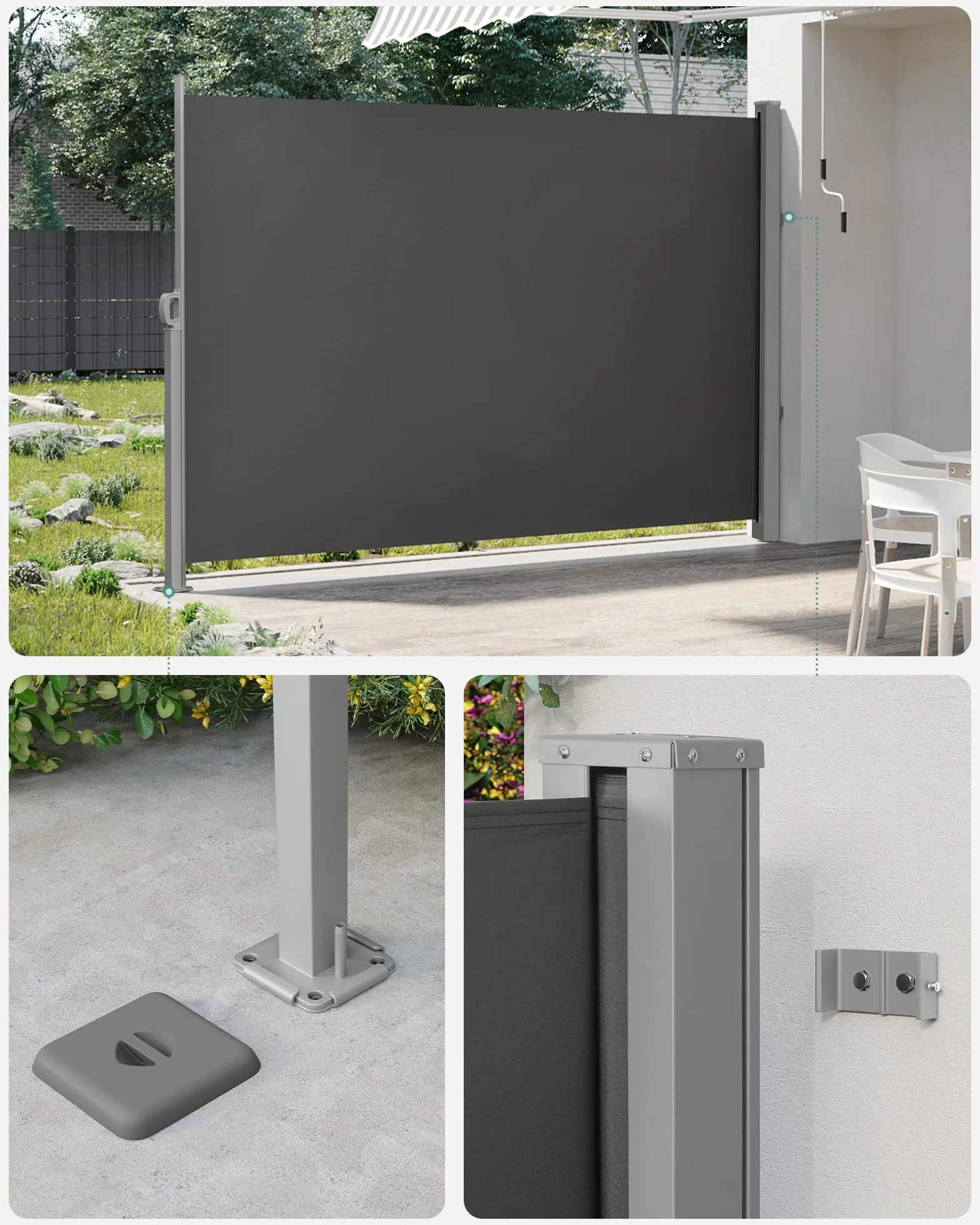 SONGMICS Osłona boczna, wysuwana, 160 x 350 cm, ochrona przed słońcem, nieprzejrzysta roleta zewnętrzna, na taras, do ogrodu, stal, antracytowo-szara GSA165G02